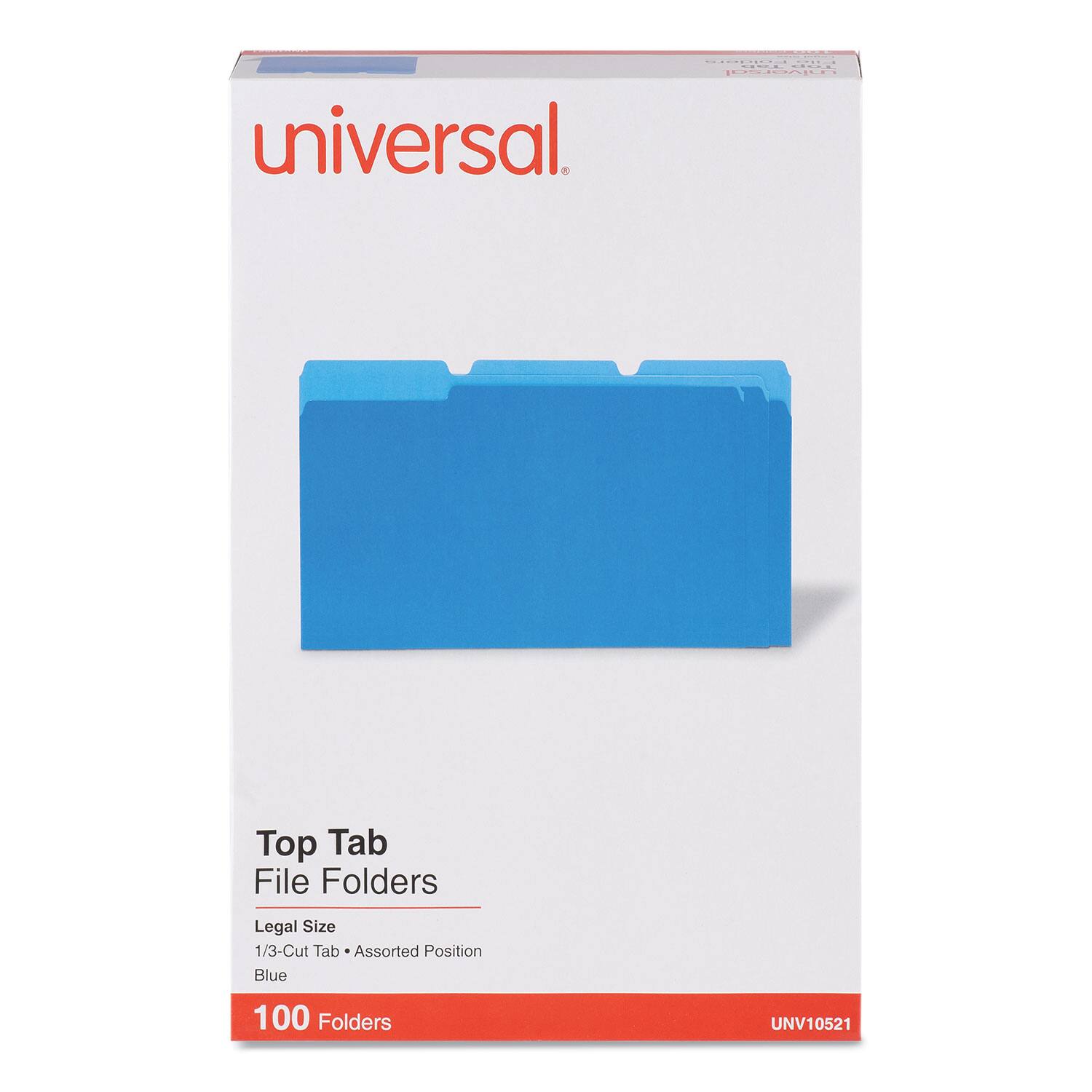 Universal  
Top Tab File Folders  
Legal Size  
1/3-Cut Tab • Assorted Position  
Blue  
100 Folders  
UNV10521