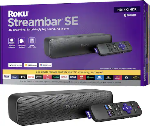 Roku - Streambar SE | 2-in-1 TV Soundbar and 4K HDR Streaming Device, Premium Speakers, & Enhanced Speech Clarity - Black