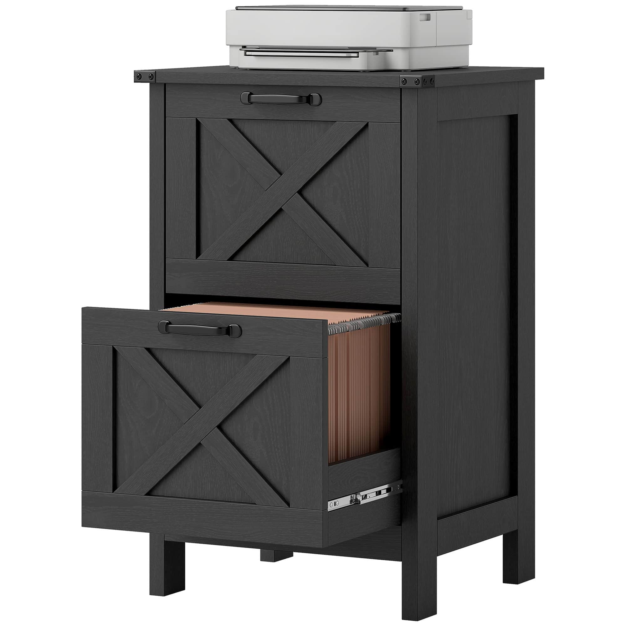 Front. Homcom - File Cabinet with 2 Drawers, Rustic Farmhouse Office Storage Cabinet for A4, Letter Size - Distressed Black.