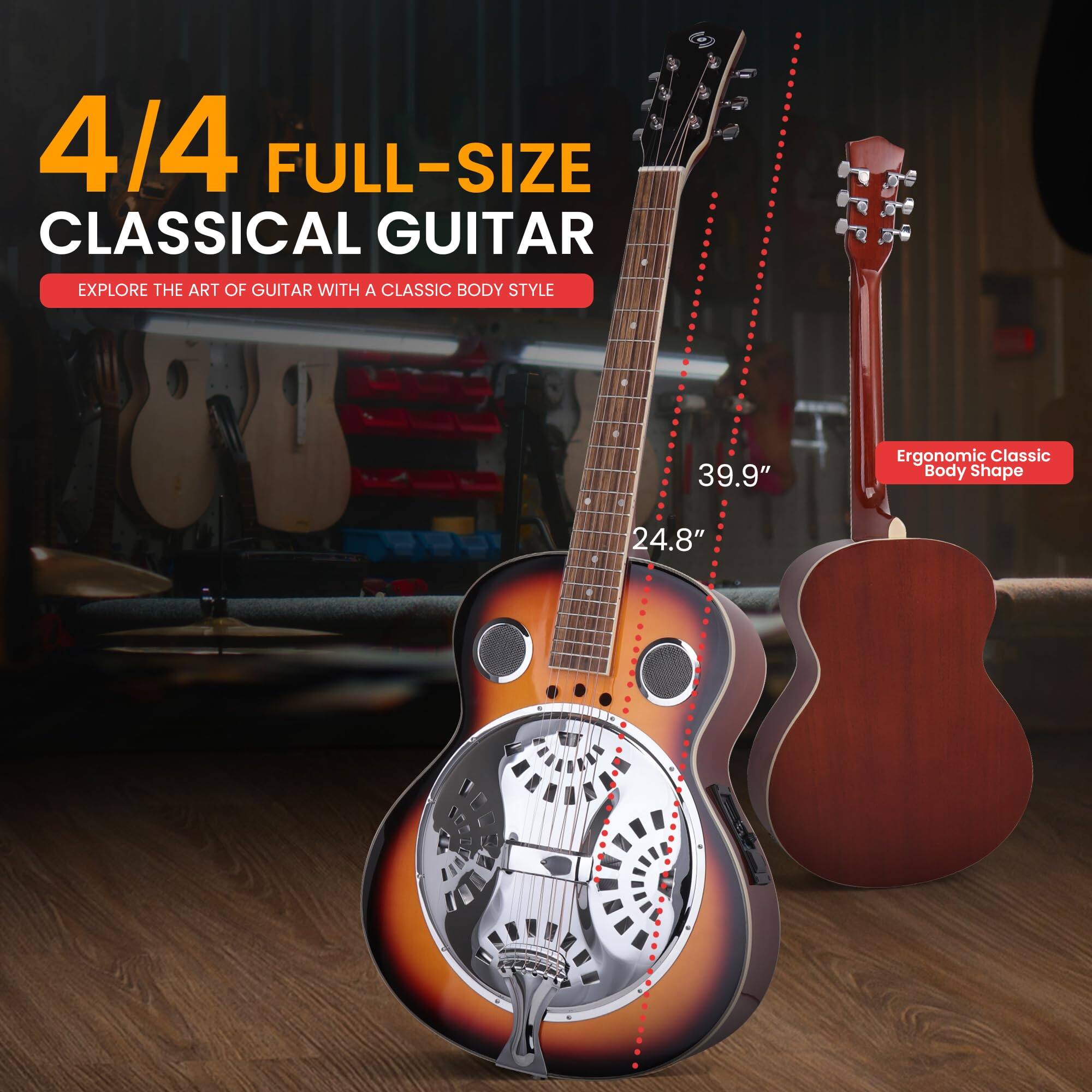 4/4 FULL-SIZE CLASSICAL GUITAR  
EXPLORE THE ART OF GUITAR WITH A CLASSIC BODY STYLE  

39.9"  
24.8"  
Ergonomic Classic Body Shape