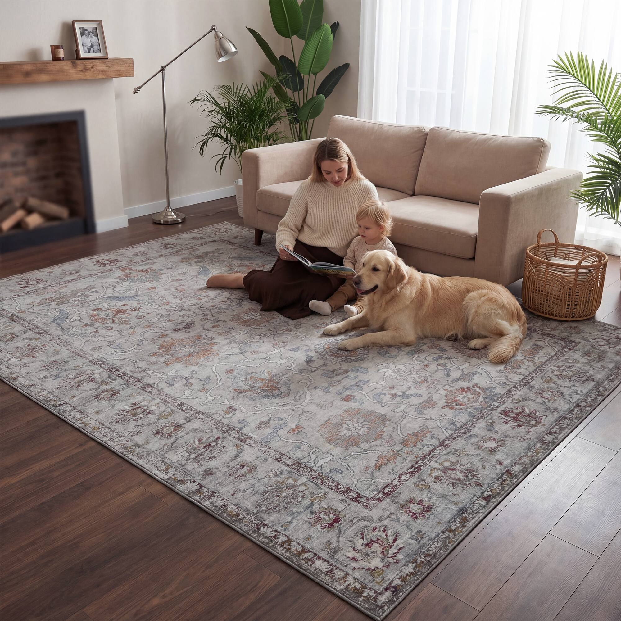 Alt View 1. RYHNUYNE - 8x10 Neutral Floral Rugs, Vintage Style Washable Area Rug, Non Slip Soft Low Pile Rug for Living Room Farmhouse Nursery - gray.