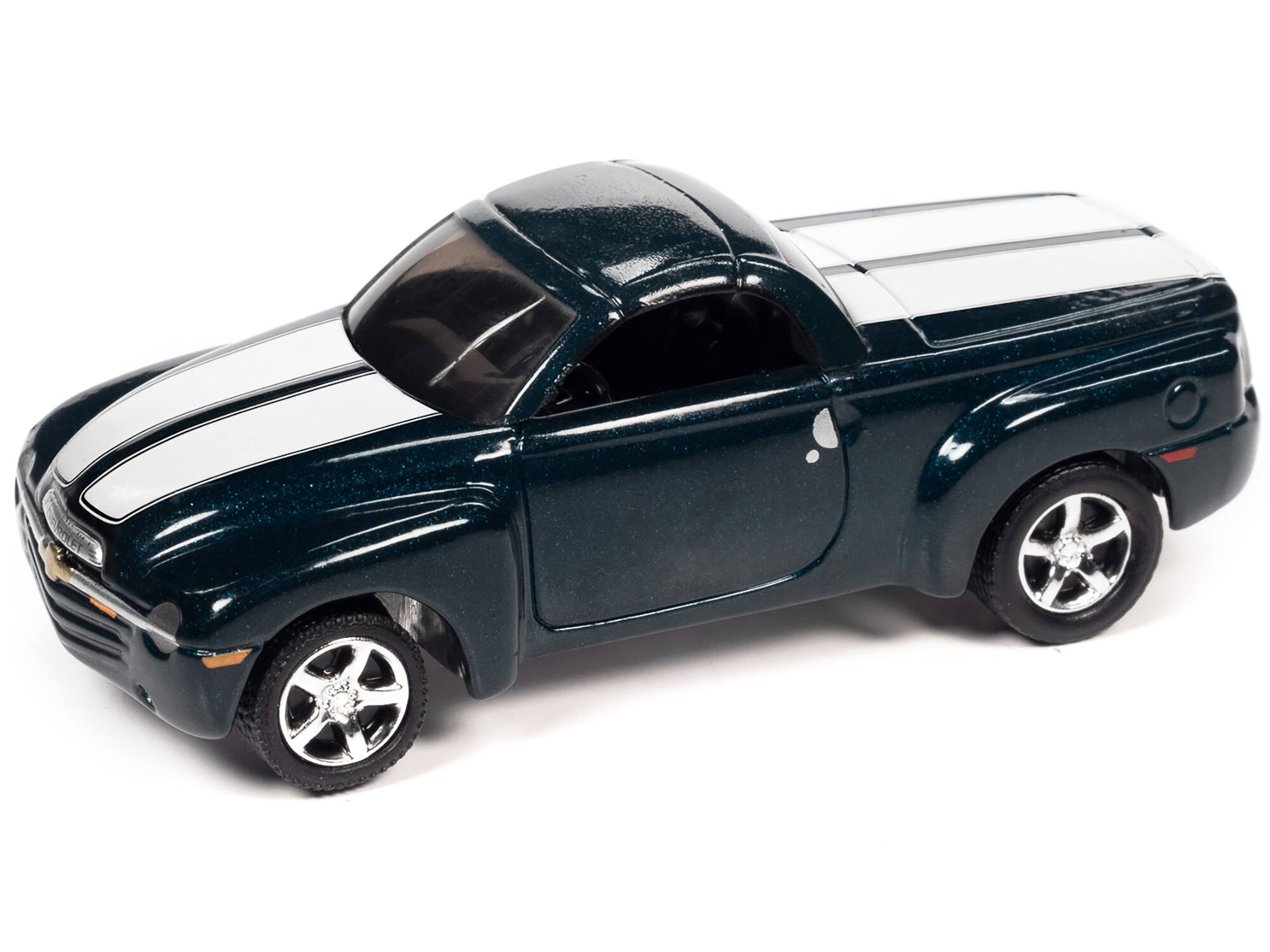 Angle. Johnny Lightning - 2005 Chevrolet SSR Pickup Truck Bermuda Blue Metallic with White Stripes "Classic Gold Collection" 1/64 Diecast - Blue Metallic with White.
