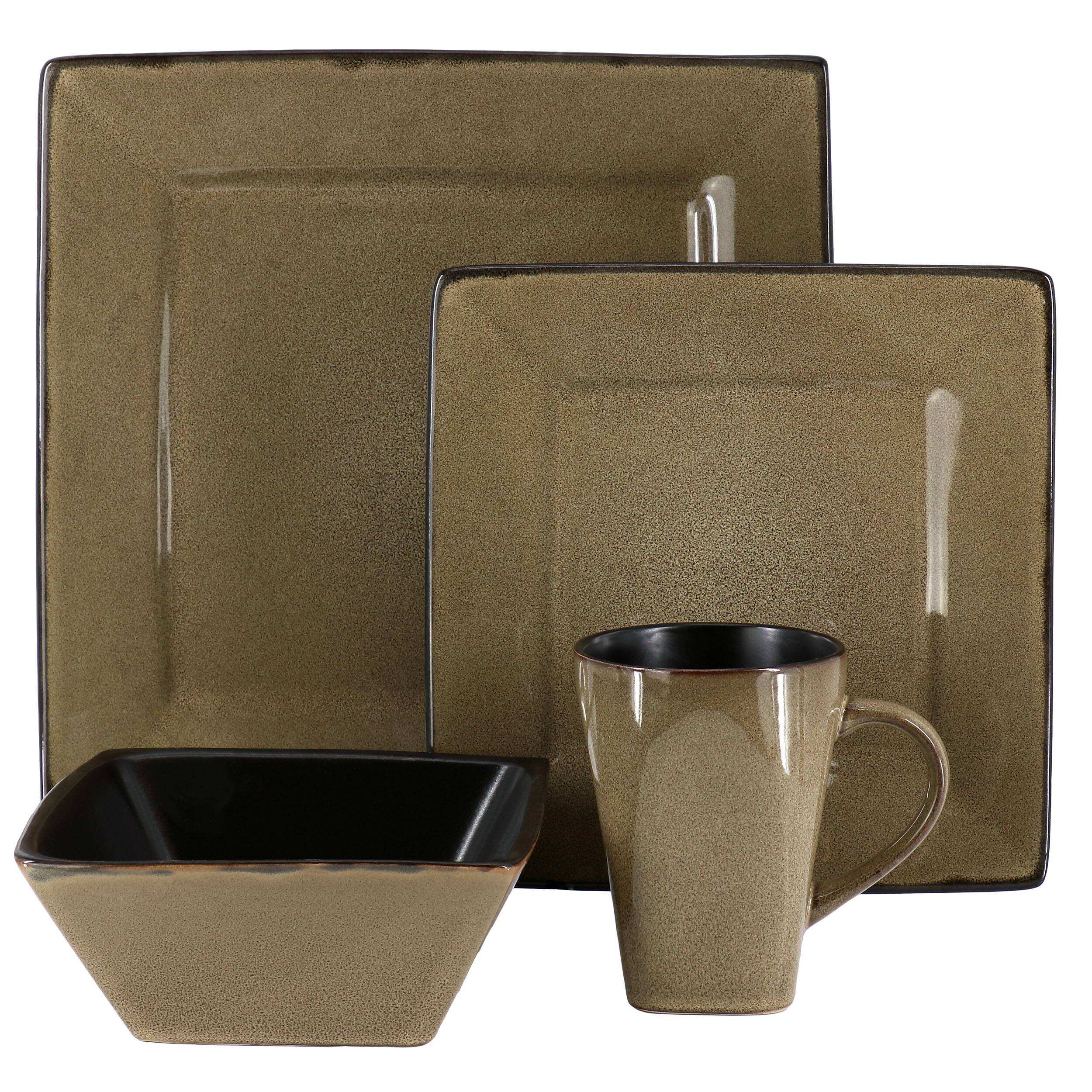 Alt View 1. Gibson - Gibson Elite Kiesling 16 Piece Hard Square Stoneware Dinnerware Set in Taupe and Black - Brown.