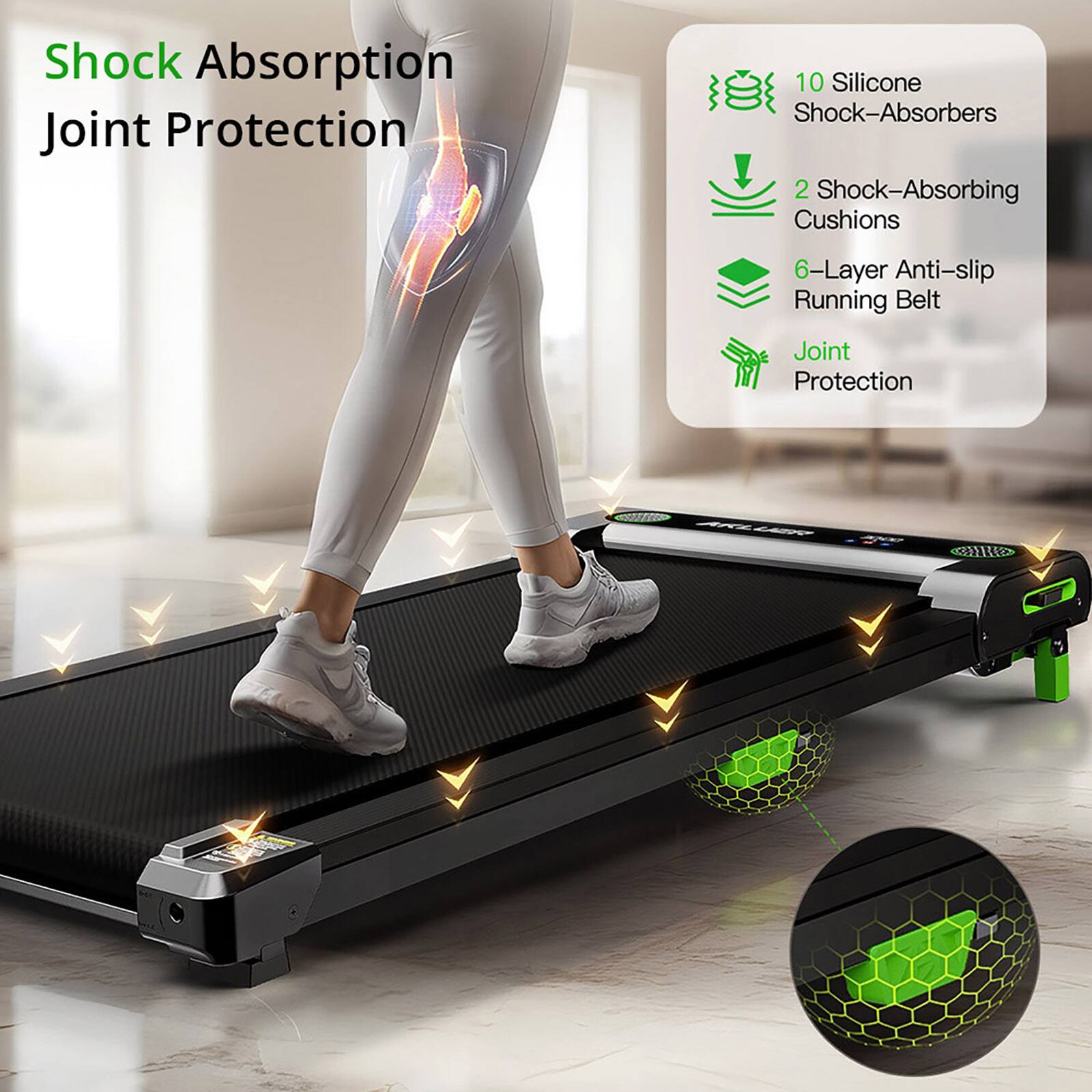 Shock Absorption Joint Protection: 10 Silicone Shock-Absorbers, 2 Shock-Absorbing Cushions, 6-Layer Anti-slip Running Belt.