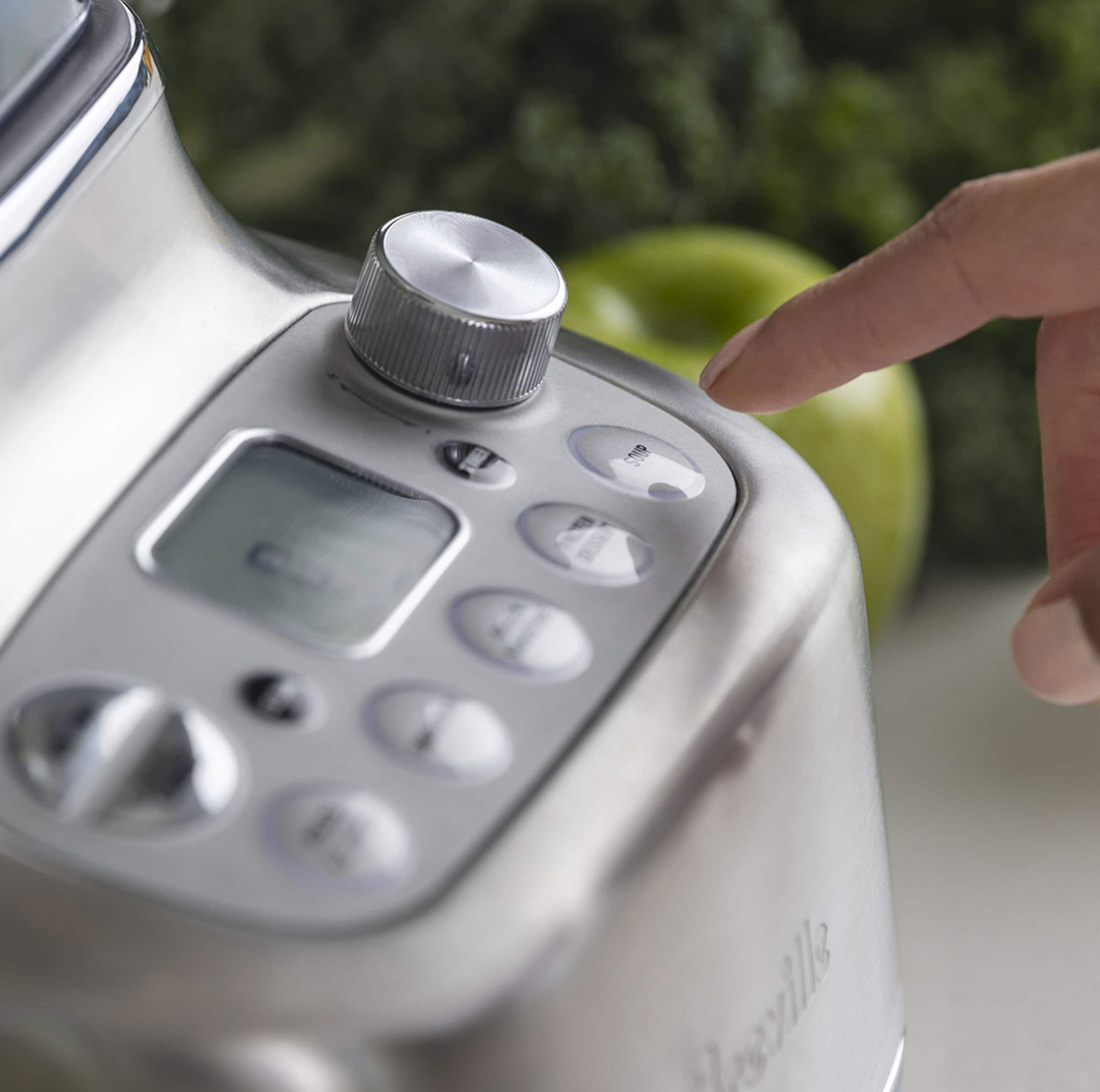Left. Breville - the Super Q Blender, 1600W, with 12 speed settings and 68 oz Jug - Brushed Stainless Steel.
