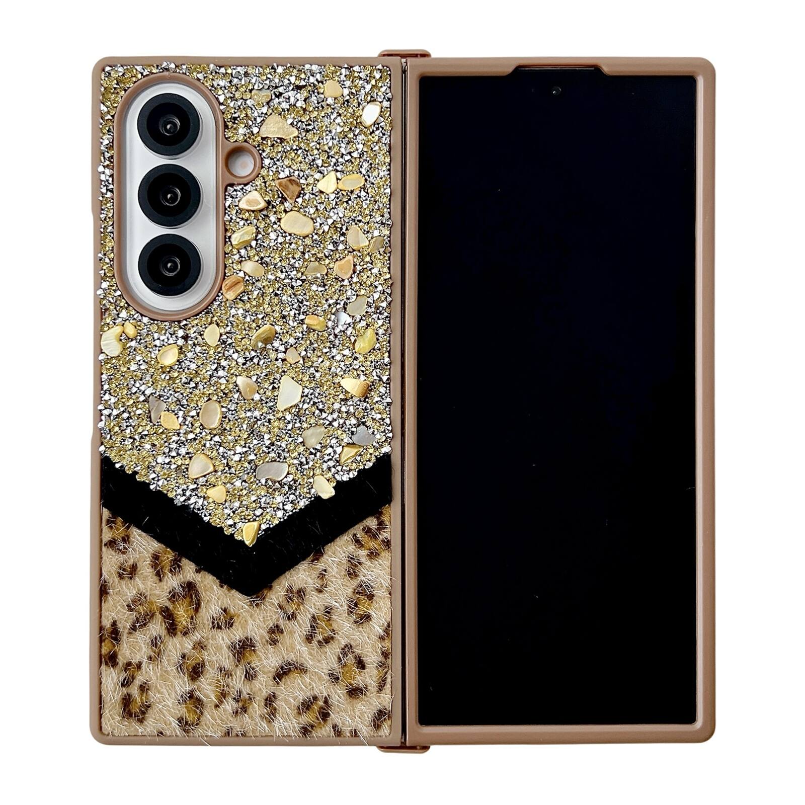 Angle. Dteck - Shockproof Phone Case for Samsung Galaxy Z Fold7 with Beaded Wrist Strap, Glitter Rhinestone Hard PC Protective Cover - Gold.