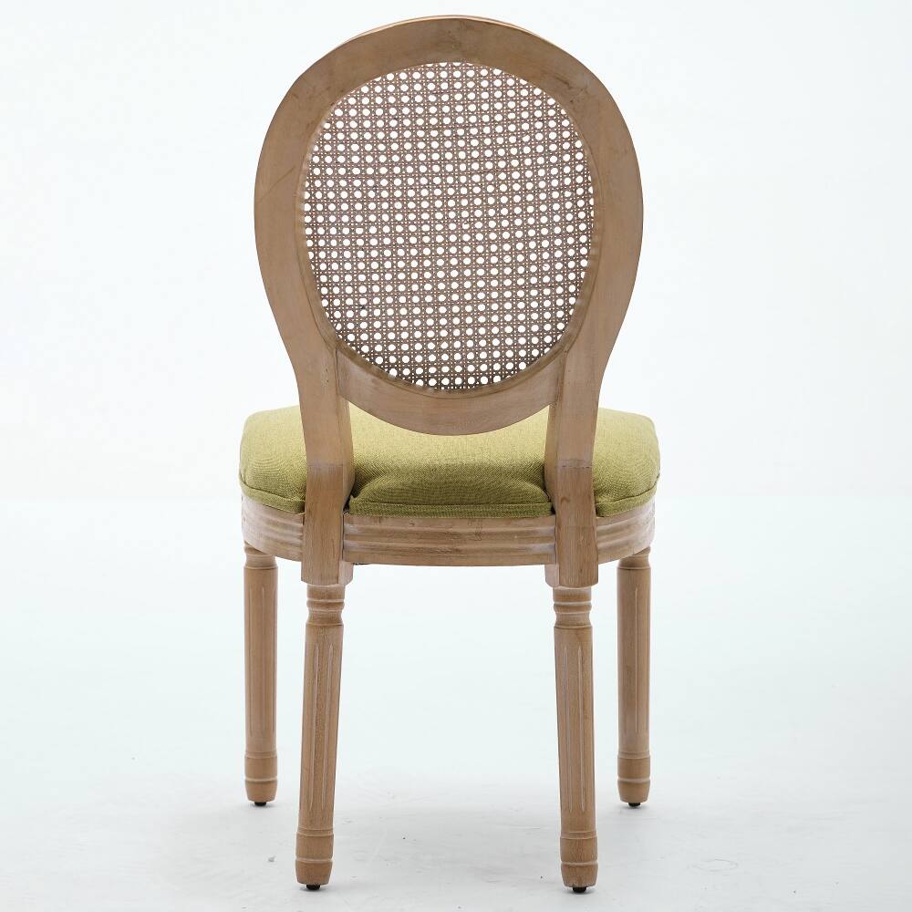 Alt View 3. Loheer - Loheer French Style Solid Wood Rattan Back Dining Chair Set of 2, Olive Green Linen - Olive-Green.