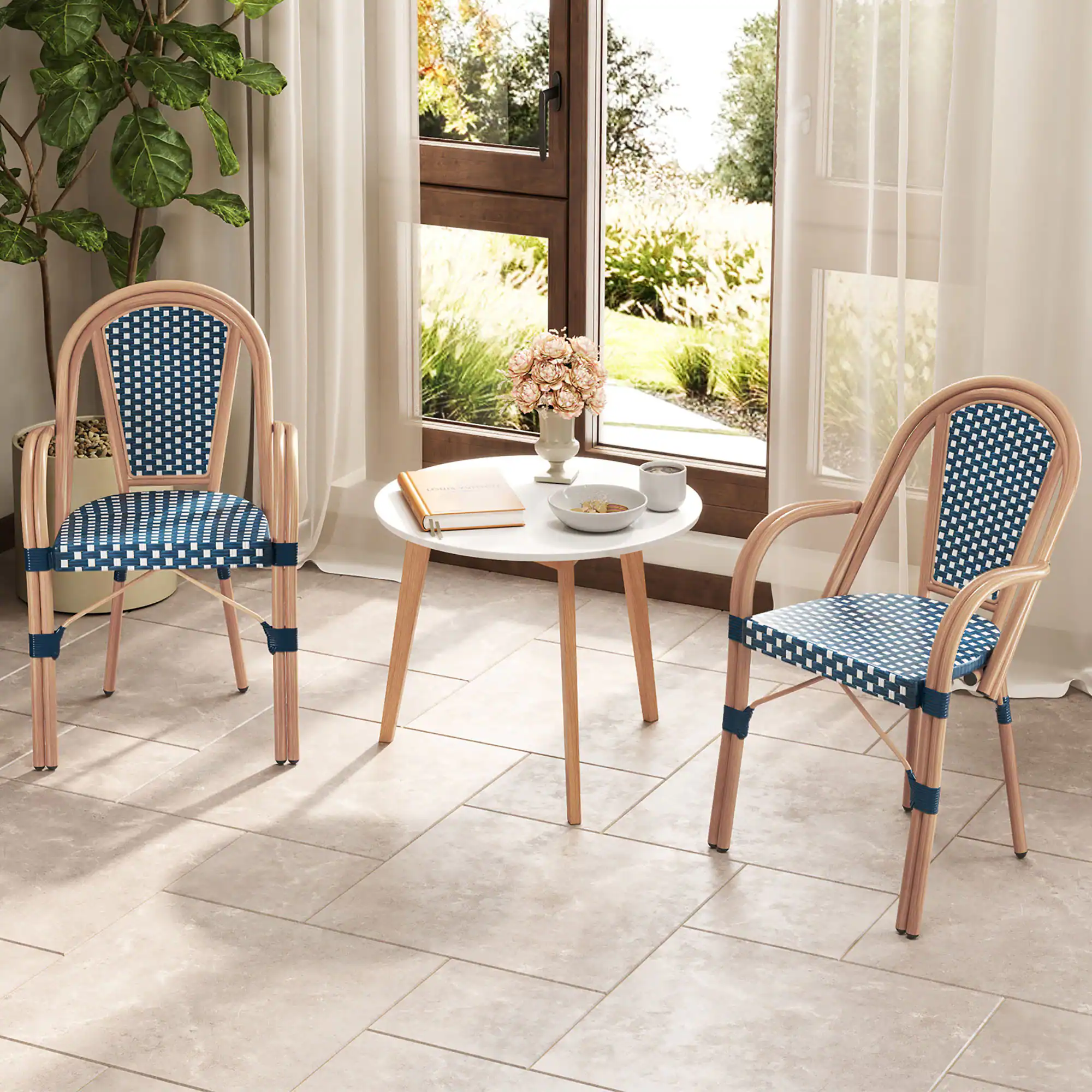 Alt View 3. Gymax - Gymax Outdoor French Bistro Chairs 4 PCS w/ Armrests Galvanized Metal Frame Blue & White - Blue, White.