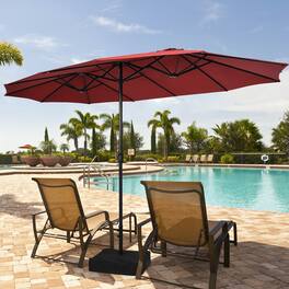 Gymax - 15 ft Double-Sided Patio Twin Umbrella Extra-Large Market Umbrella w/ Base - Wine
