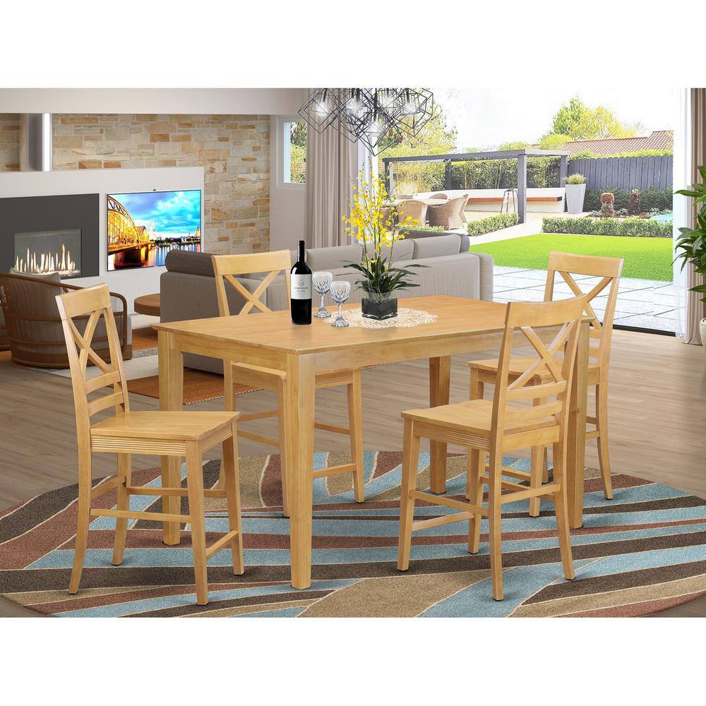 Back. East West Furniture - 5 Pc counter height pub set - high Table and 4 bar stools. - Oak.