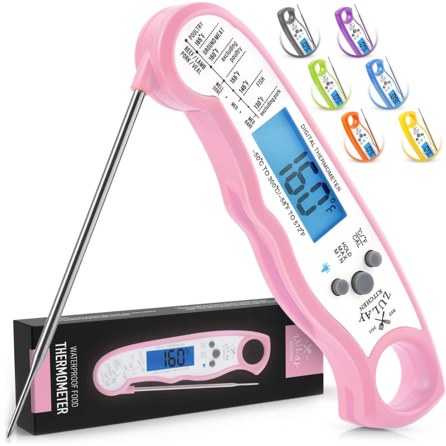 POULTRY & 165F, GROUNDMEAT BEEF 160F, PORK 160F, POULTRY VEAL LAMB 155F, FISH & PORK 145F, MED 130F, DIGITAL -50C 09 TO 300C/ S THERMOMETER 300C/-58F -58F TO 572F C/"E CAL MAN HOLD 150 150 THERMOMETER WATERPROOF FOOD 160 ms BULAY KITCHEN ZULAY KITCHEN EST srDe