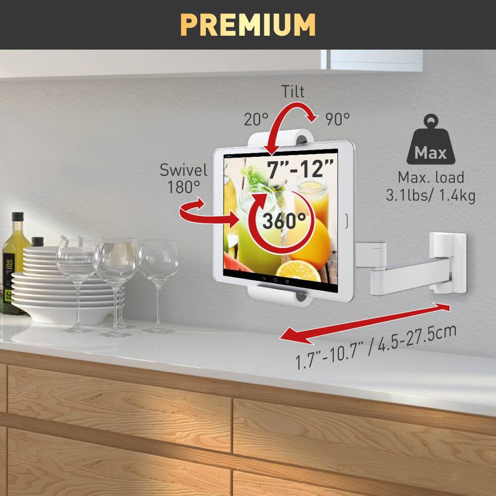 PREMIUM  
Tilt 20° 90°  
Swivel 180°  
7"-12"  
360°  
Max. load 3.1lbs / 1.4kg  
DE FC  
1.7"-10.7" / 4.5-27.5cm