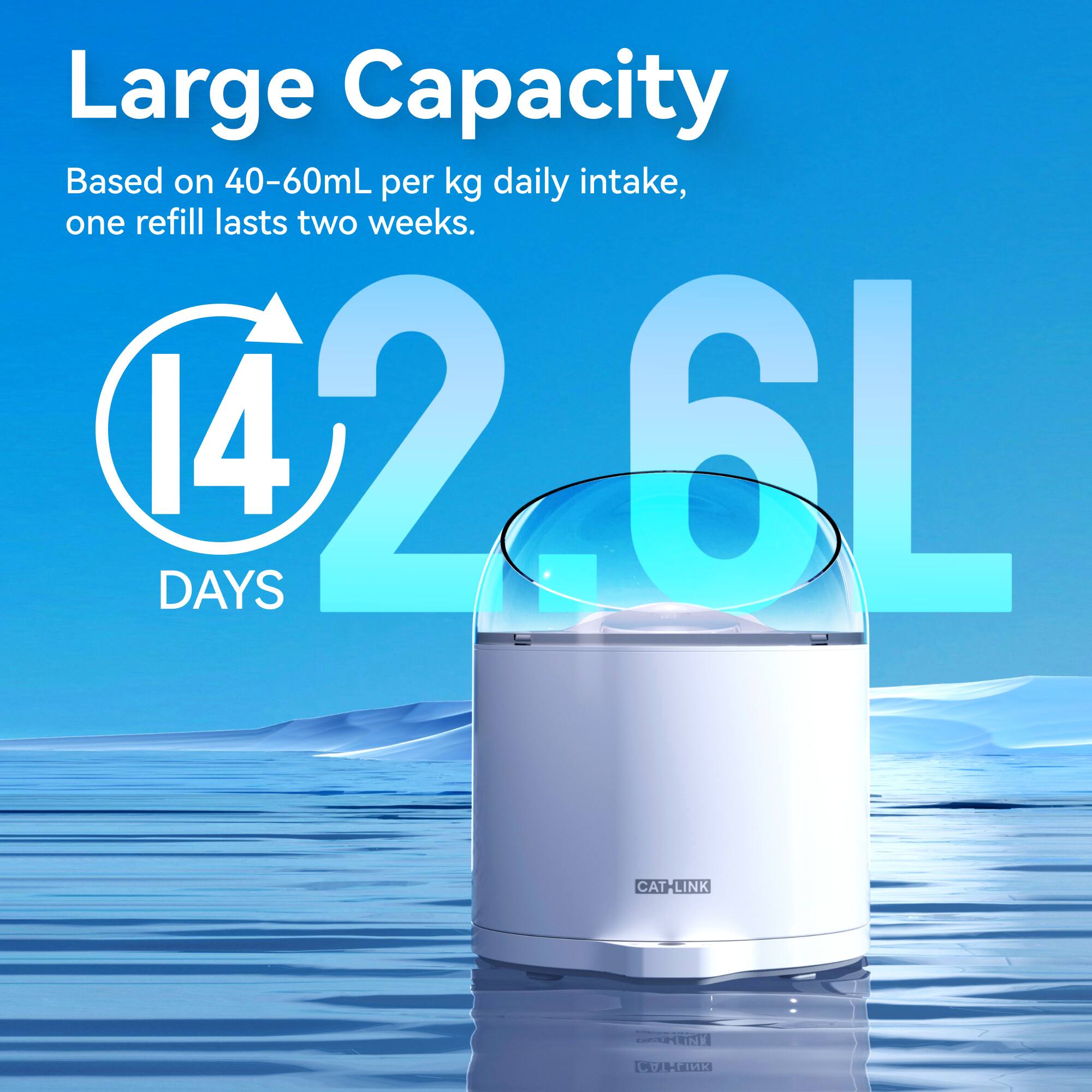 Large Capacity

Based on 40-60mL per kg daily intake, one refill lasts two weeks.

14 DAYS

2.6L

CAT-LINK