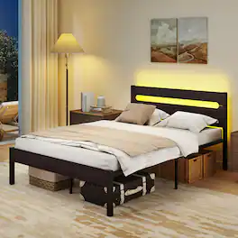 Costway - Full Size Bed Frame with Built-in Charging Station Sturdy Mattress Foundation - Rustic Brown + Black