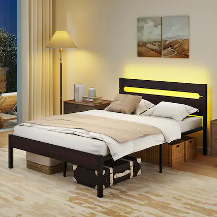 Front. Costway - Costway Full Size Bed Frame with Built-in Charging Station Sturdy Mattress Foundation - Rustic Brown + Black.