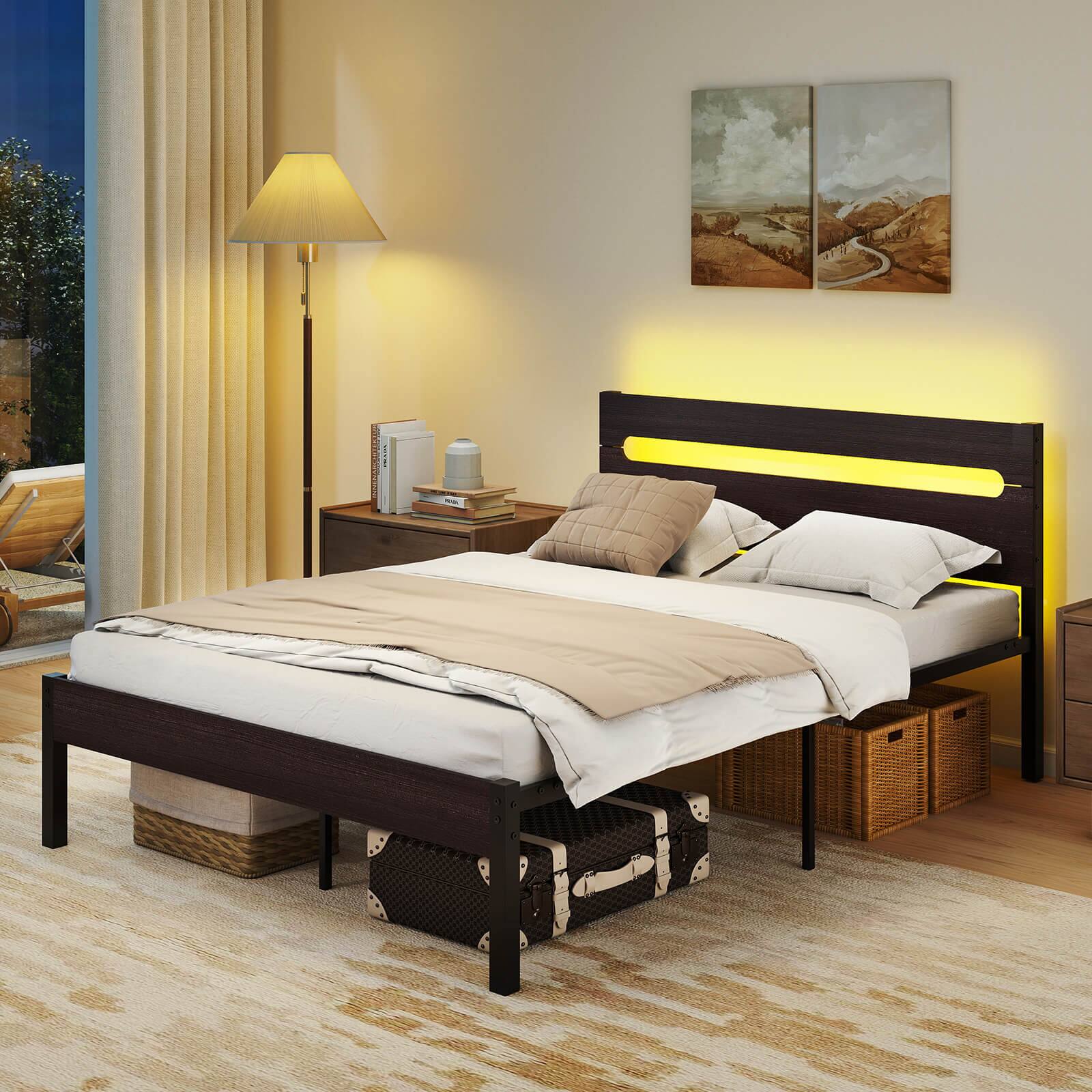 Alt View 1. Costway - Costway Full Size Bed Frame with Built-in Charging Station Sturdy Mattress Foundation - Rustic Brown,Black.