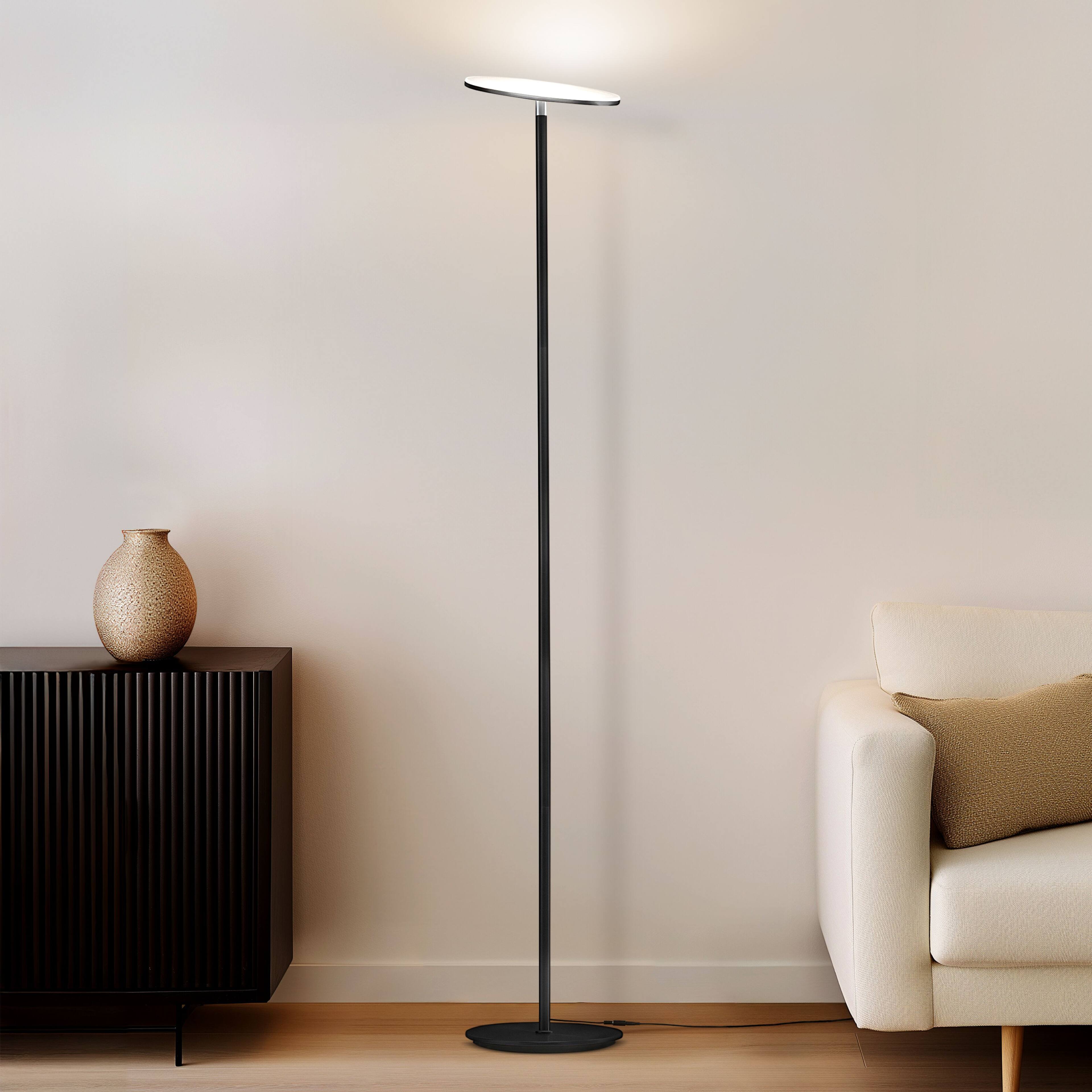 Angle. Brightech - Sky Flux LED Modern Industrial Torchère Dimmable Super Bright Floor Lamp with Built-in Adjustable Head Tilt - Classic Matte Black.