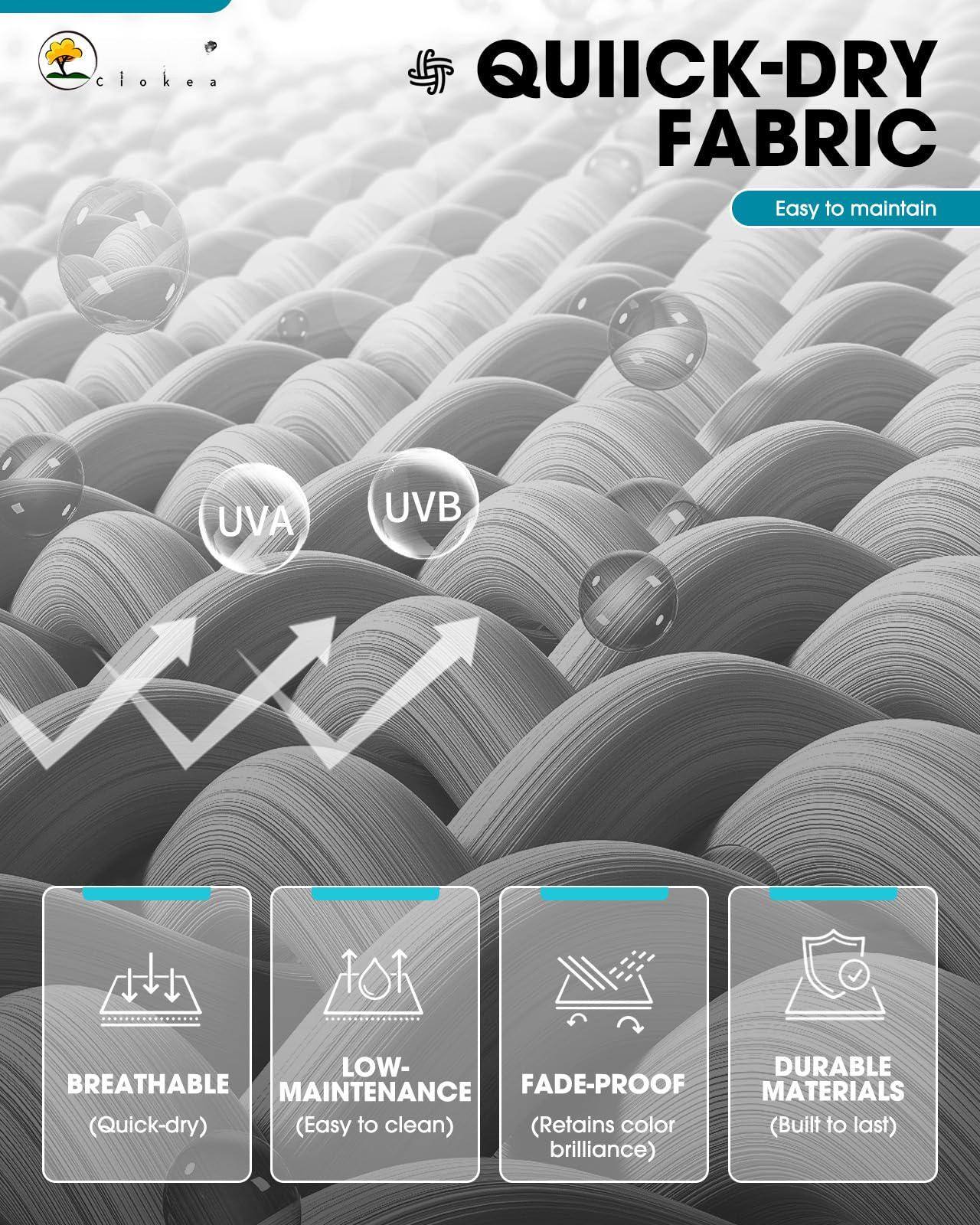 Sure, here is the corrected and grouped text from the image:

---

**Quick-Dry Fabric**

- Easy to maintain
- UVA UVB
- Breathable (Quick-dry)
- Low-Maintenance (Easy to clean)
- Fade-Proof (Retains color brilliance)
- Durable Materials (Built to last)

---