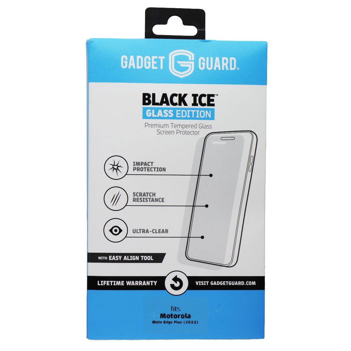 GADGET GUARD. BLACK ICE GLASS EDITION Premium Tempered Glass Screen Protector IMPACT PROTECTION SCRATCH RESISTANCE ULTRA-CLEAR WITH EASY ALIGN TOOL LIFETIME WARRANTY C VISIT GADGETGUARD.COM fits Motorola Moto Edge Plus (2022)