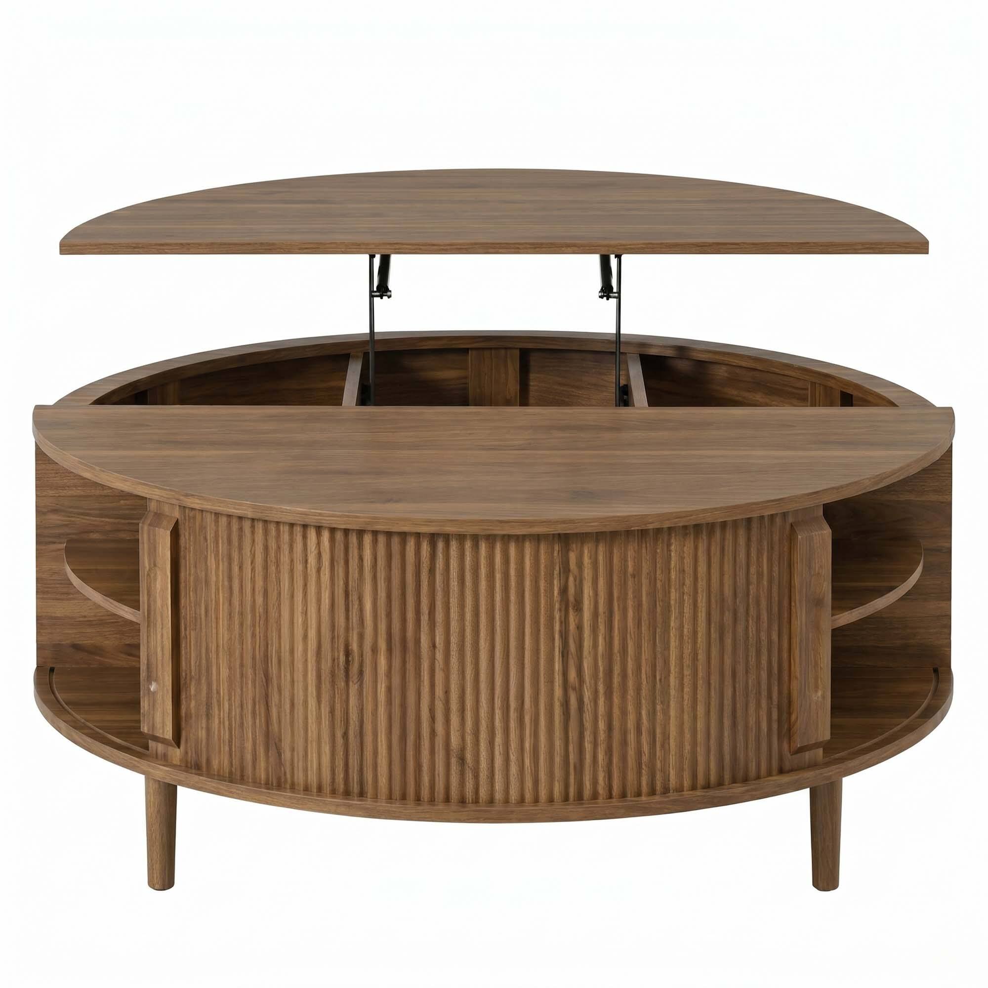 Left. Forest'nSky - Antique brown Round Lift-Top Coffee Table with Hidden Storage, Sliding Door, Pine Legs - Antique brown.