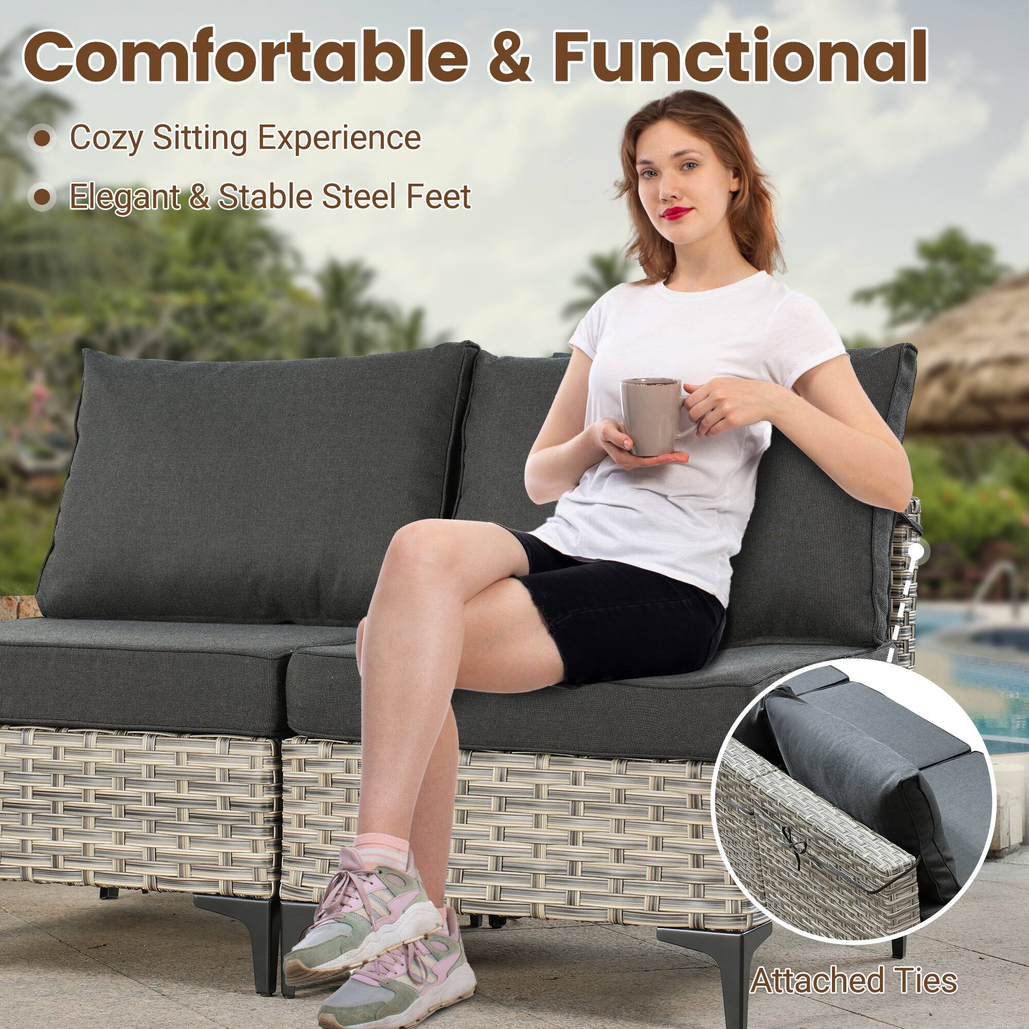 Comfortable & Functional  
- Cozy Sitting Experience  
- Elegant & Stable Steel Feet  
Attached Ties