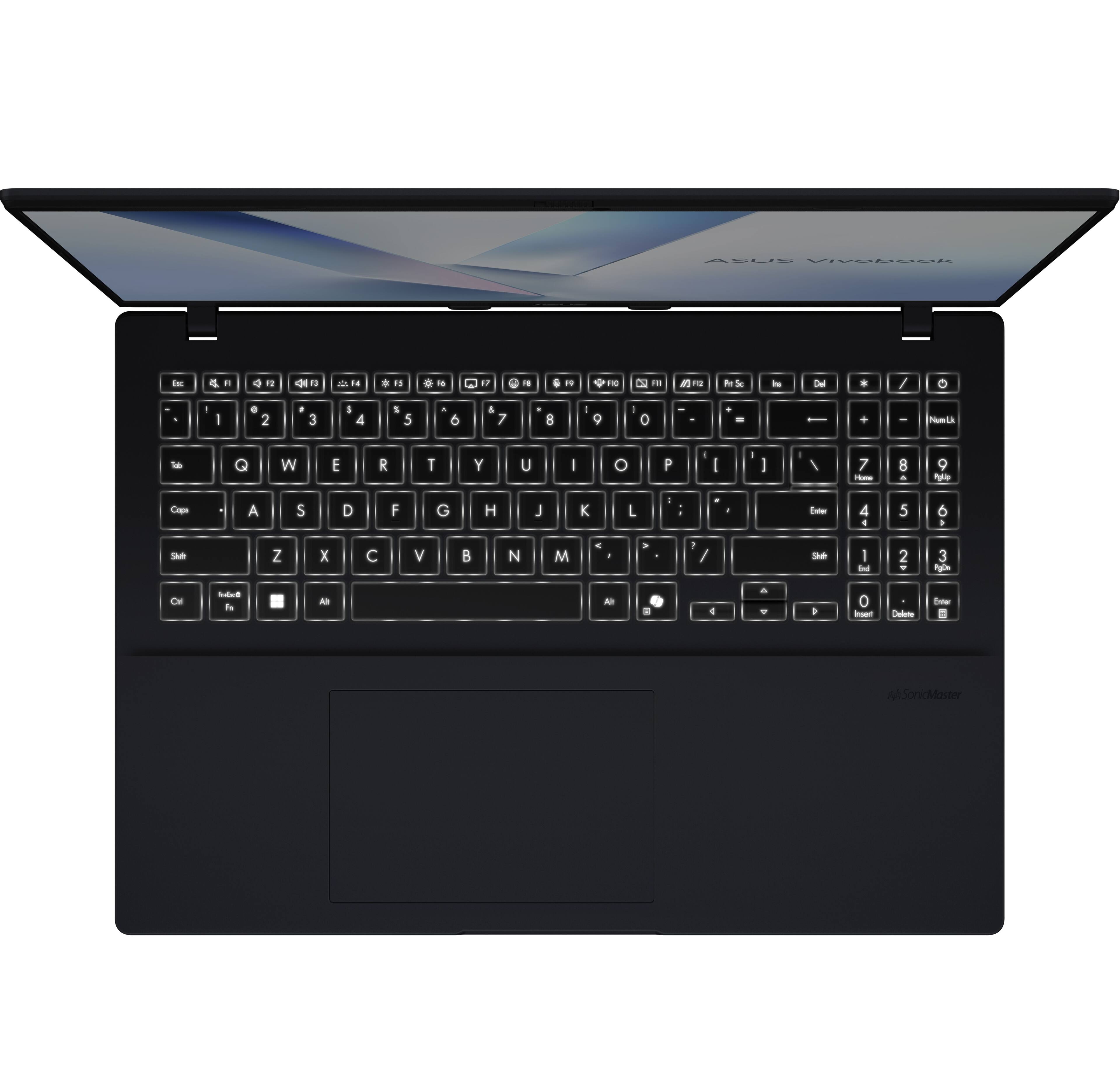 The text on the image reads "ABUE Vivebuch Eo 6 . ' de de a d O- do 1F . 0-10 O do a - & - Del . / - - . 2 - 3 I 4 S 5 + 6 4 7 8 - 9 - O - i + - Pumlk Se Q W E R T Y U I O P  I - I - 7 - 8 - 9 -g Copn A S D F G H J K L - - -m 4 . 5 6 . 3M Z x C V B N M - - . - / Sue I - 2 - 3  CM Sduo i - - 4 a - 1 0  Te Enter SonicMaster."