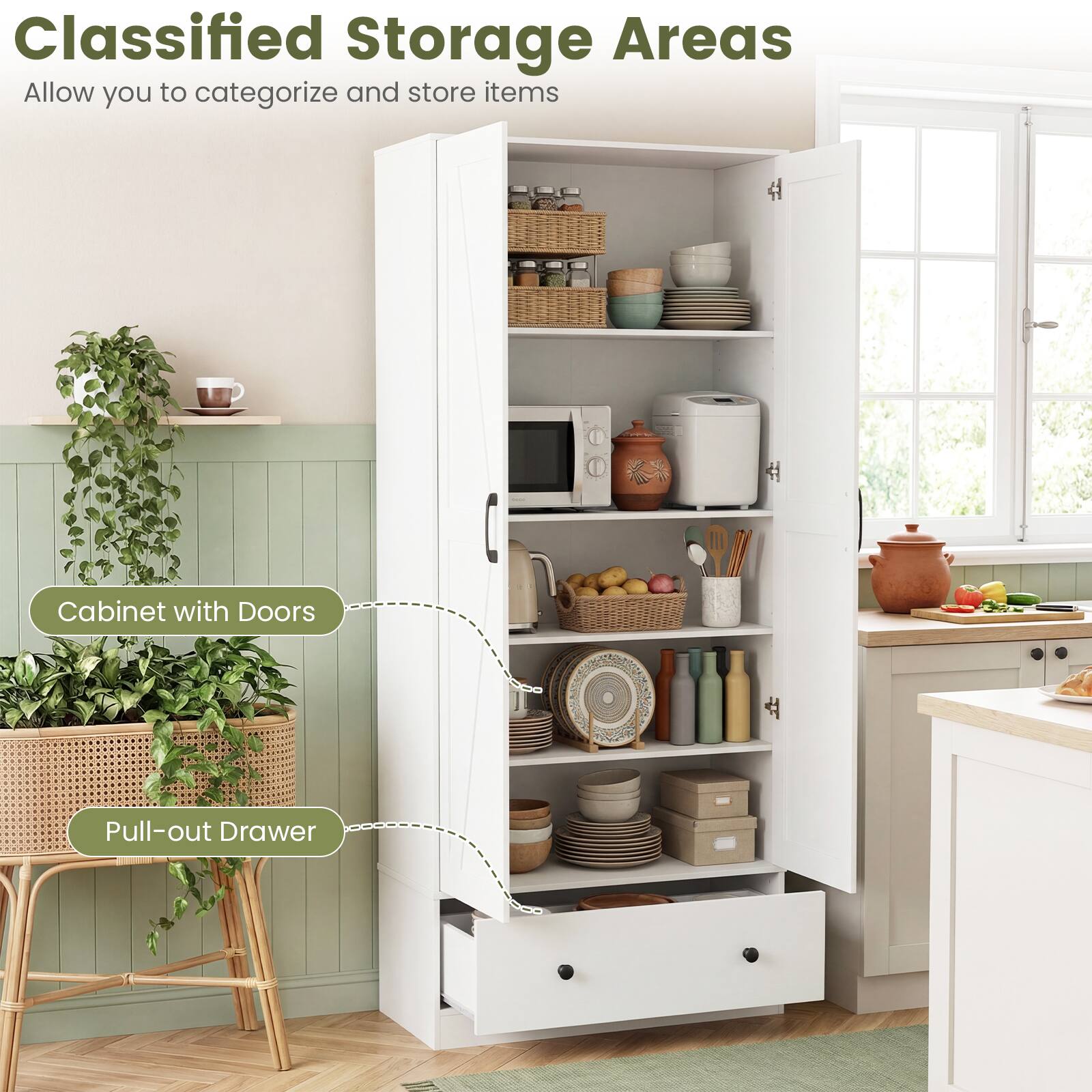 Classified Storage Areas  
Allow you to categorize and store items

- Cabinet with Doors
- Pull-out Drawer