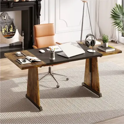 Front. Bestier - 70" Wooden Dining Table & Metal Kitchen Table Brown Computer Desk for Home Office Desk - Brown.