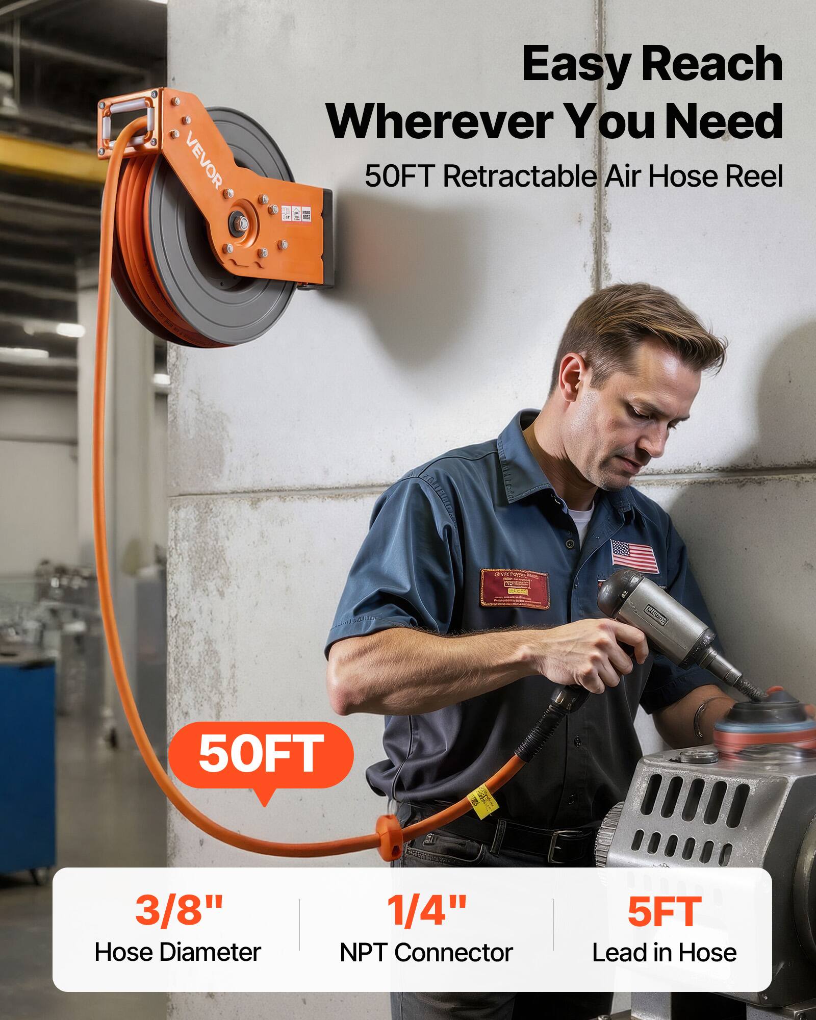 VEVOR Easy Reach Wherever You Need 50FT Retractable Air Hose Reel  
- 3/8" Hose Diameter  
- 1/4" NPT Connector  
- 5FT Lead in Hose