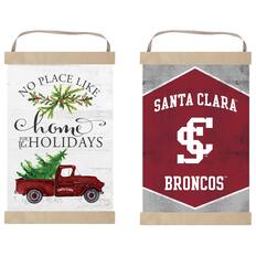 **Left Bag:**
- NO PLACE LIKE
- home
- FOR THE HOLIDAYS
- SANTA CLARA
**Right Bag:**
- SANTA CLARA
- BRONCOS