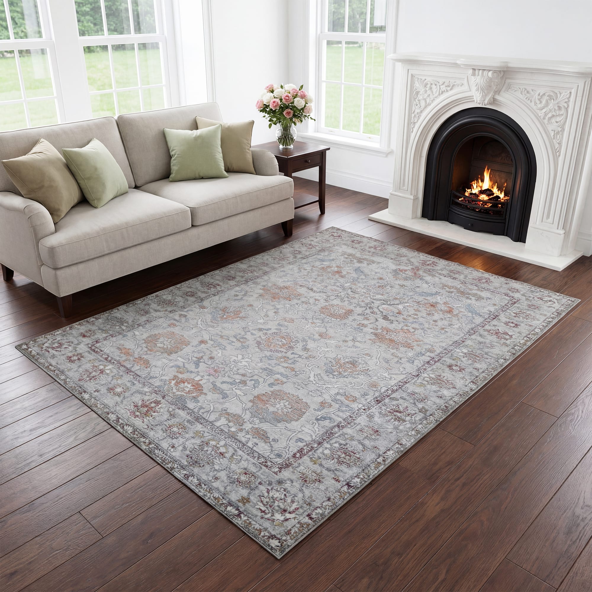 RYHNUYNE - 5x7 Neutral Floral Rugs, Vintage Style Washable Area Rug, Non Slip Soft Low Pile Rug for Living Room Farmhouse Nursery O - Gray