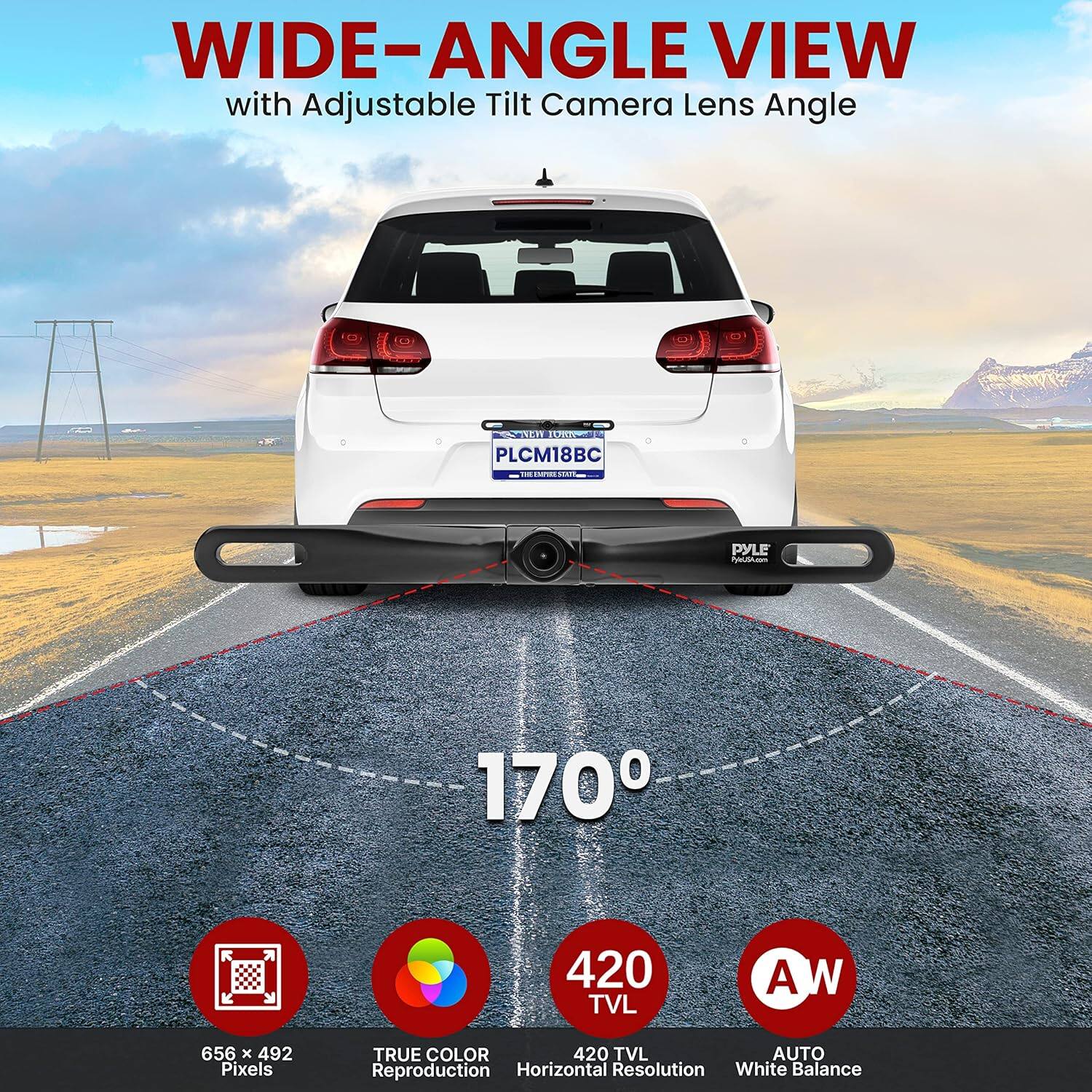 WIDE-ANGLE VIEW with Adjustable Tilt Camera Lens Angle

- 170°
- 656 x 492 Pixels
- TRUE COLOR Reproduction
- 420 TVL Horizontal Resolution
- AUTO White Balance