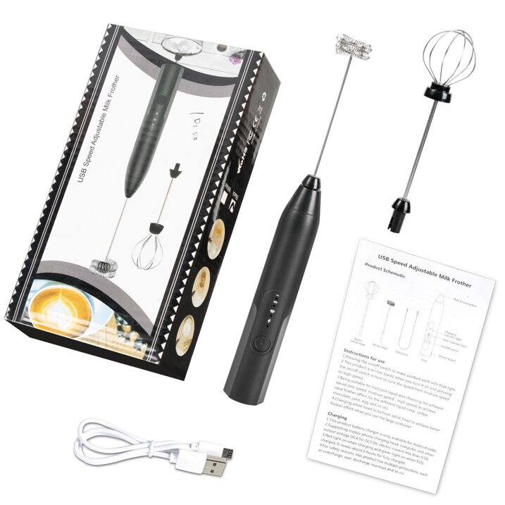 USB Speed Adjustable Milk Frother

Product Schematic

Instructions for use
1. Charging
   - Plug the USB cable into the product and connect it to a power source.
   - The LED light will turn on to indicate charging.
   - Charging time: 2-3 hours.
   - The product is fully charged when the LED light turns off.

2. Usage
   - Fill the milk container with milk.
   - Insert the milk container into the product.
   - Press the power button to start the product.
   - The product will automatically adjust the speed based on the milk volume.
   - The LED light will turn on to indicate the product is working.
   - When the milk is frothed, the LED light will turn off.

3. Cleaning
   - After use, remove the milk container and clean it with warm water.
   - Do not immerse the product in water.

Charging
- The product is charged via USB.
- The charging cable is included.
- The product can be charged using a computer, power bank, or USB charger.
- The product will automatically stop charging when fully charged.

Note: The product is designed for milk frothing only. Do not use it for other liquids.