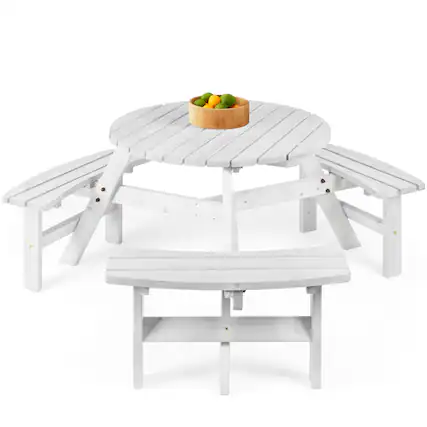 Front. Best Choice Products - Best Choice Products 6-Person Circular Outdoor Wooden Picnic Table w/ 3 Built-In Benches, 500lb Capacity - White - White.