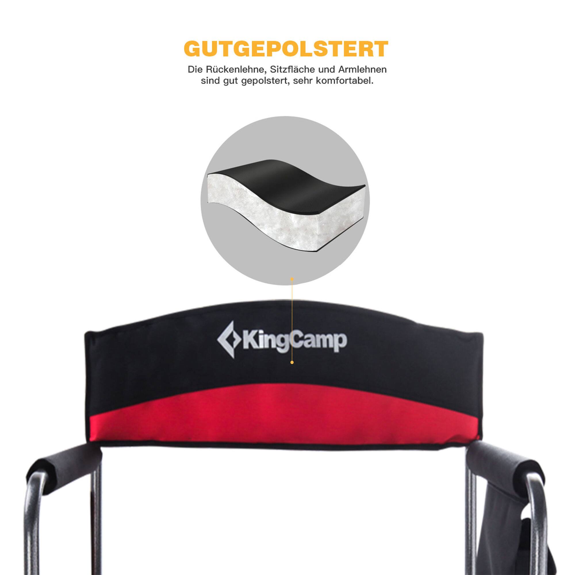 GUTGEPOLESTERT  
Die Rückenlehne, Sitzfläche und Armlehnen sind gut gepolstert, sehr komfortabel.  
KingCamp