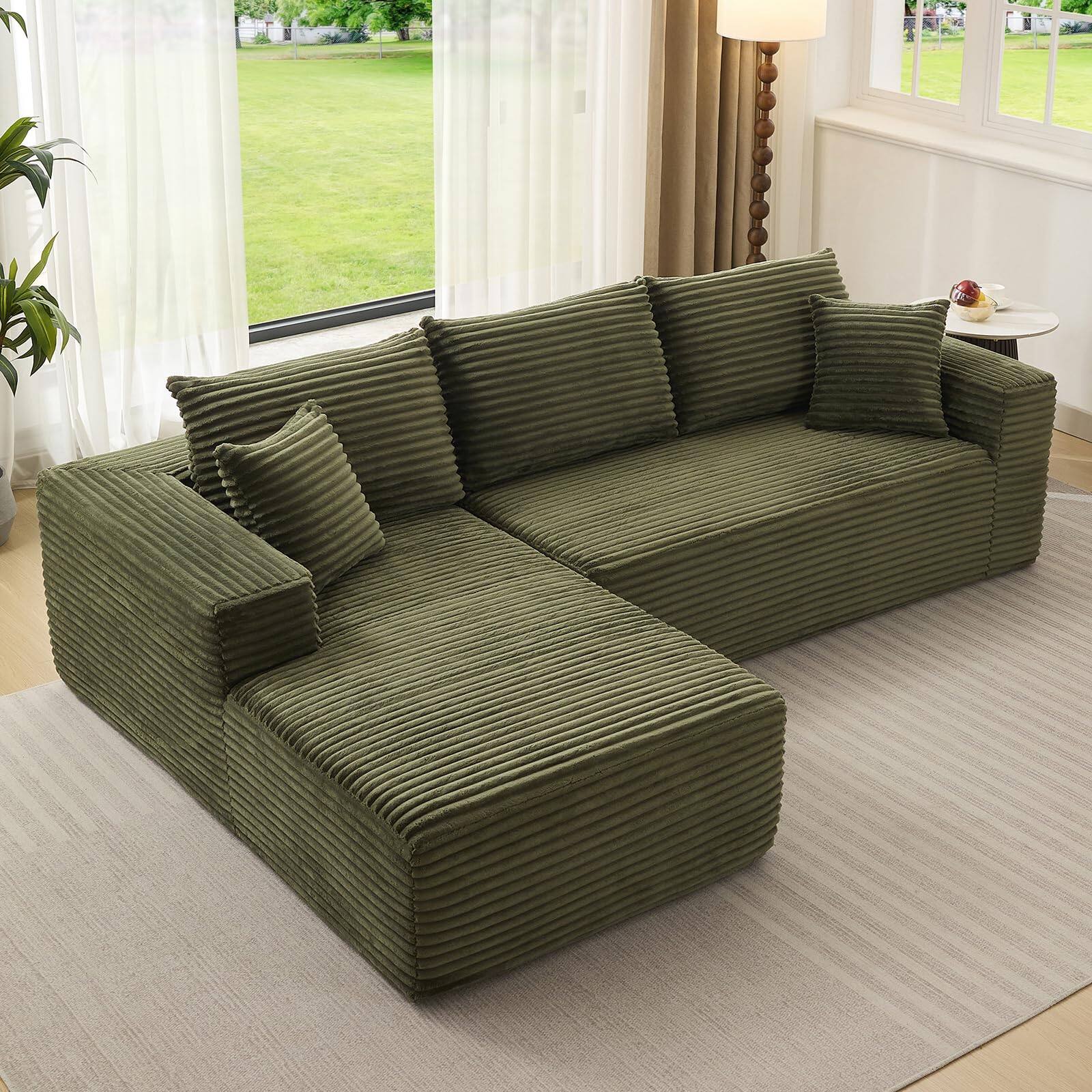 Left. Babevy - 108" L-Shaped Modular Sectional Sofa, 2-Piece Corduroy Cloud Couch with Deep Seats & Pillows, No Assembly - Green.