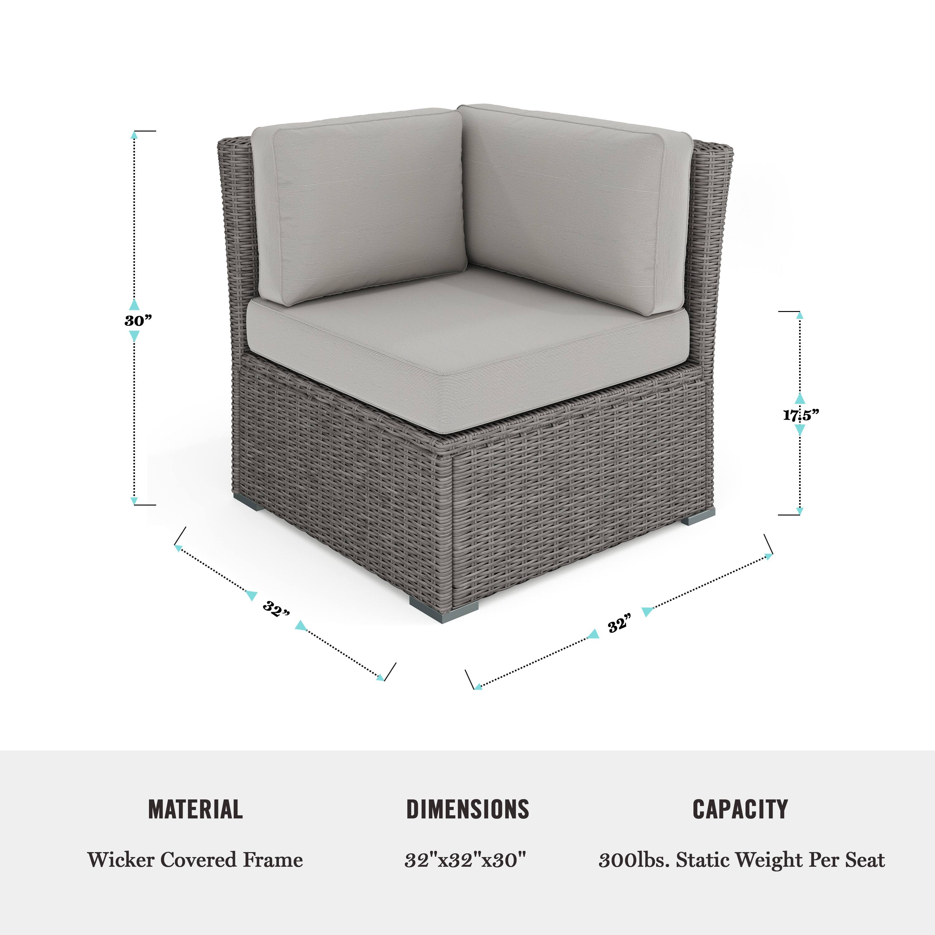The text on the image is grouped and corrected as follows:

Material: Wicker Covered Frame
Dimensions: 32" x 32" x 30"
Capacity: 300lbs. Static Weight Per Seat