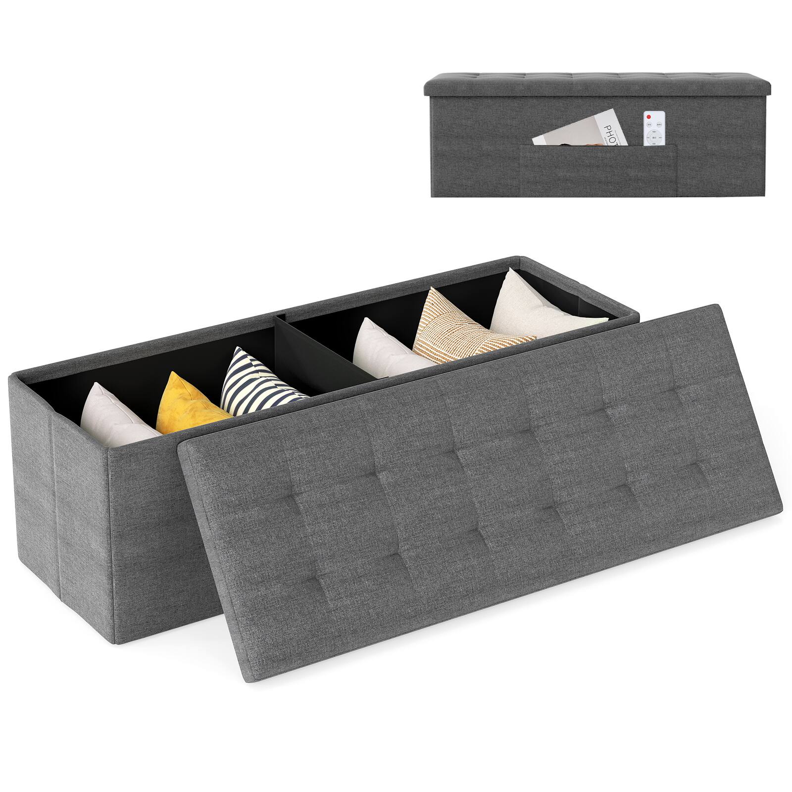 Gymax - 43'' Folding Storage Ottoman Bench w/ Removable Divider & Side Pocket Bedroom Dark Grey - Gray