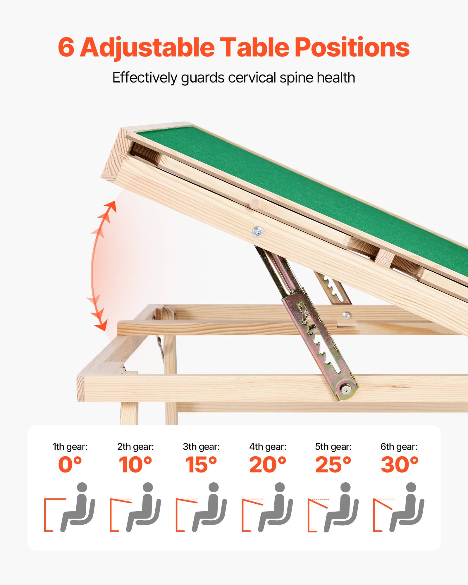 6 Adjustable Table Positions Effectively guards cervical spine health 1th gear: 0° 2th gear: 10° 3th gear: 15° 4th gear: 20° 5th gear: 25° 6th gear: 30°