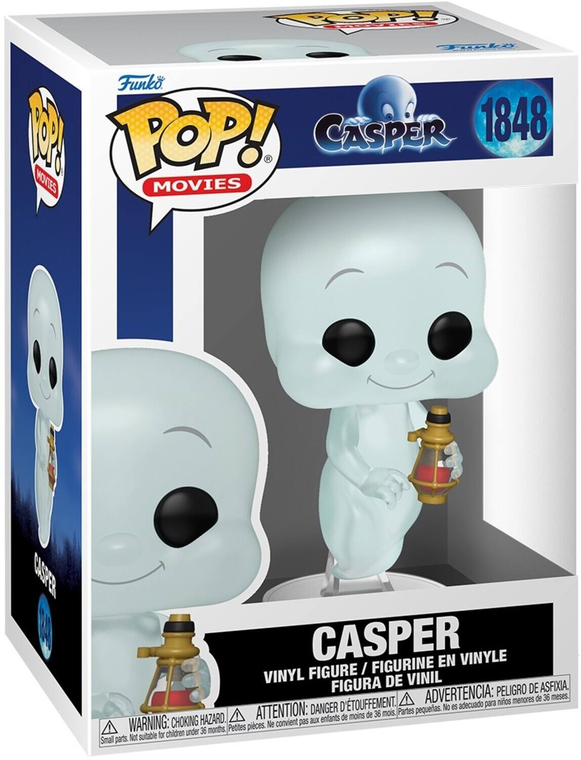 Sure, here is the corrected and grouped text from the image:

---

**Funko POP! MOVIES**

**CASPER 1848**

**VINYL FIGURE / FIGURINE EN VINYLE / FIGURA DE VINIL**

**WARNING: CHOKING HAZARD - Small parts. Not suitable for children under 36 months.**

**ATTENTION: DANGER D'ÉTOUFFEMENT - Petites pièces. Ne convient pas aux enfants de moins de 36 mois.**

**ADVERTENCIA: PELIGRO DE ASFIXIA - Partes pequeñas. No es adecuado para niños menores de 36 meses.**

---

This text is organized to reflect the information on the packaging, including the brand, product name, and safety warnings.