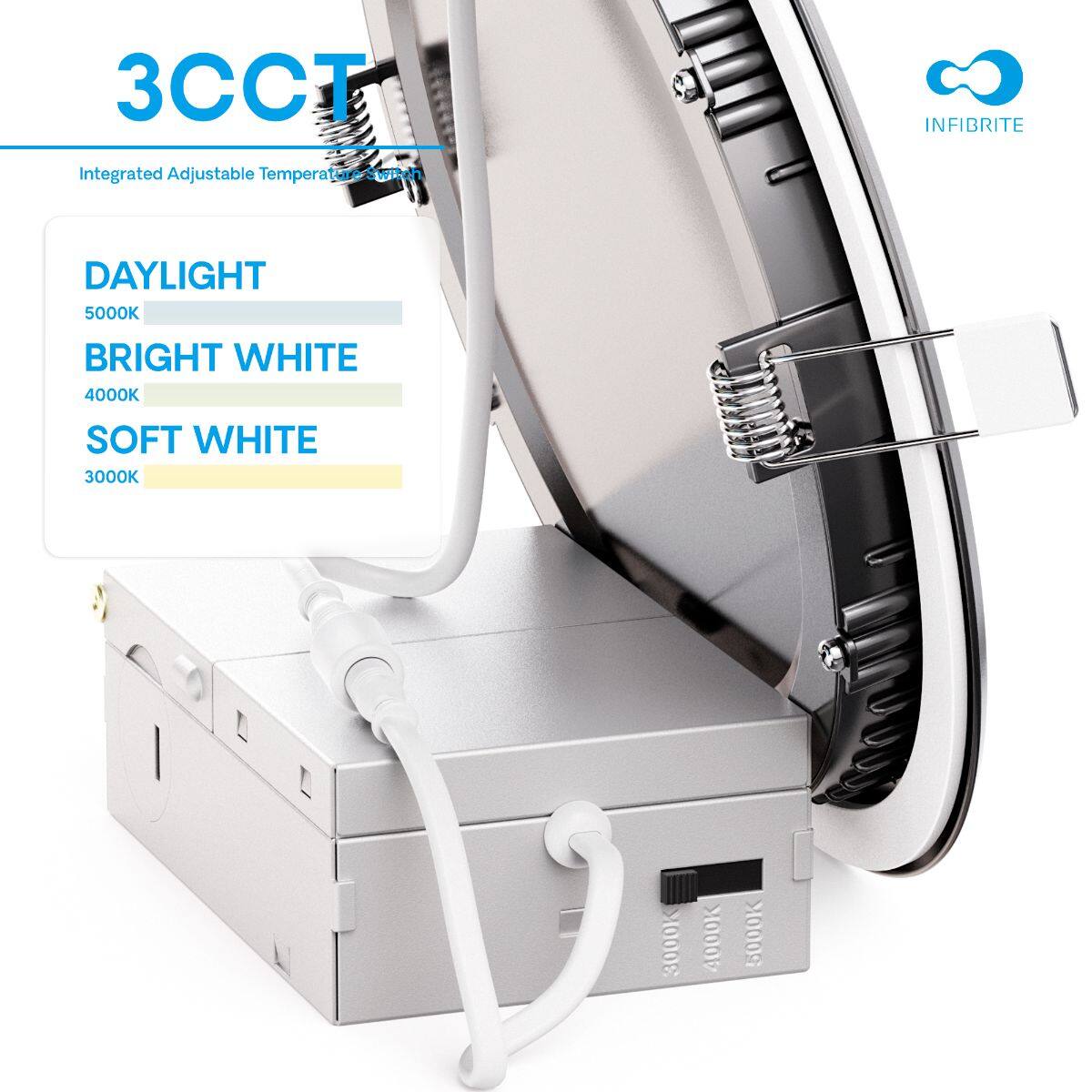 3CCT Integrated Adjustable Temperature Switch

DAYLIGHT 5000K  
BRIGHT WHITE 4000K  
SOFT WHITE 3000K
