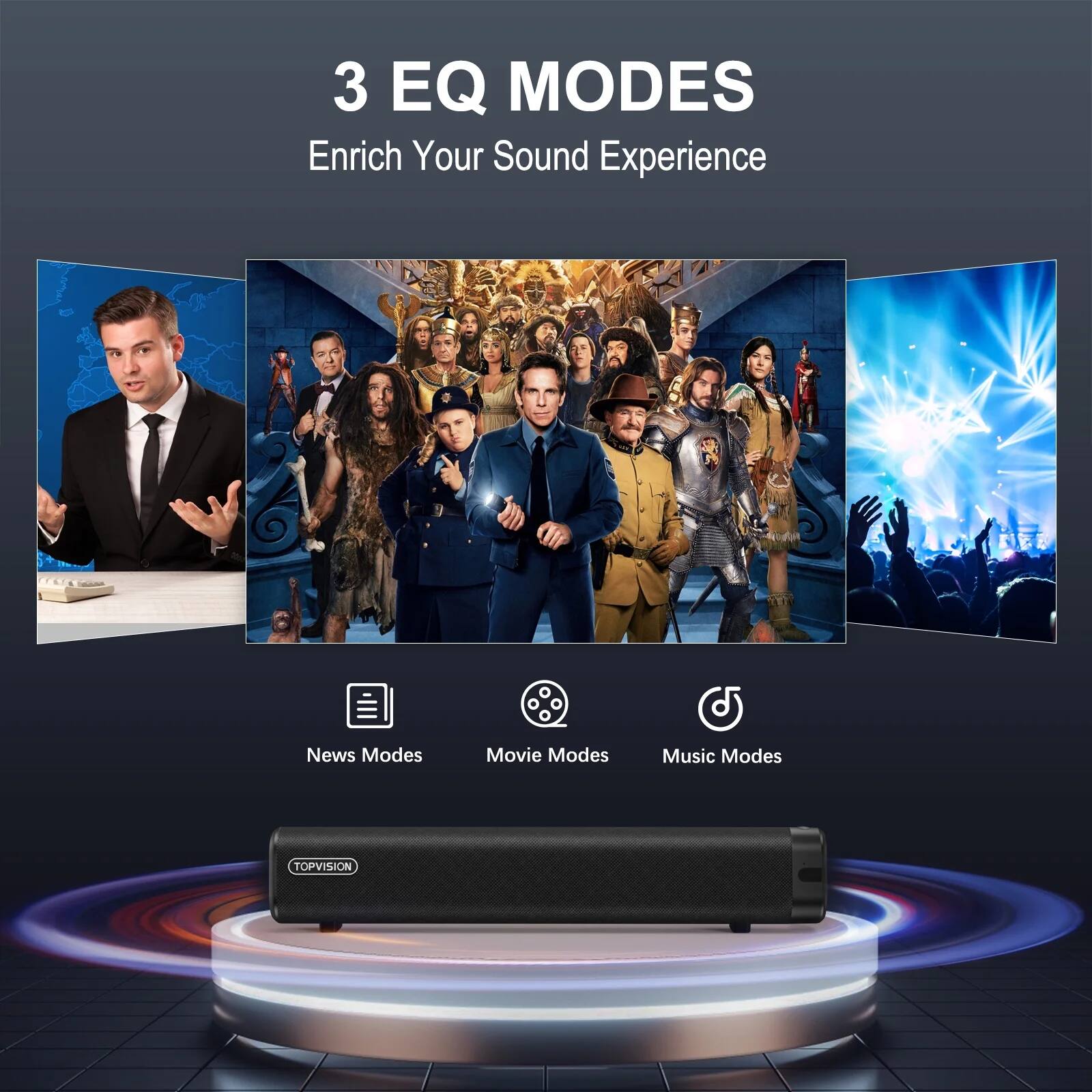 3 EQ MODES  
Enrich Your Sound Experience  

News Modes  
Movie Modes  
Music Modes  

TOPVISION