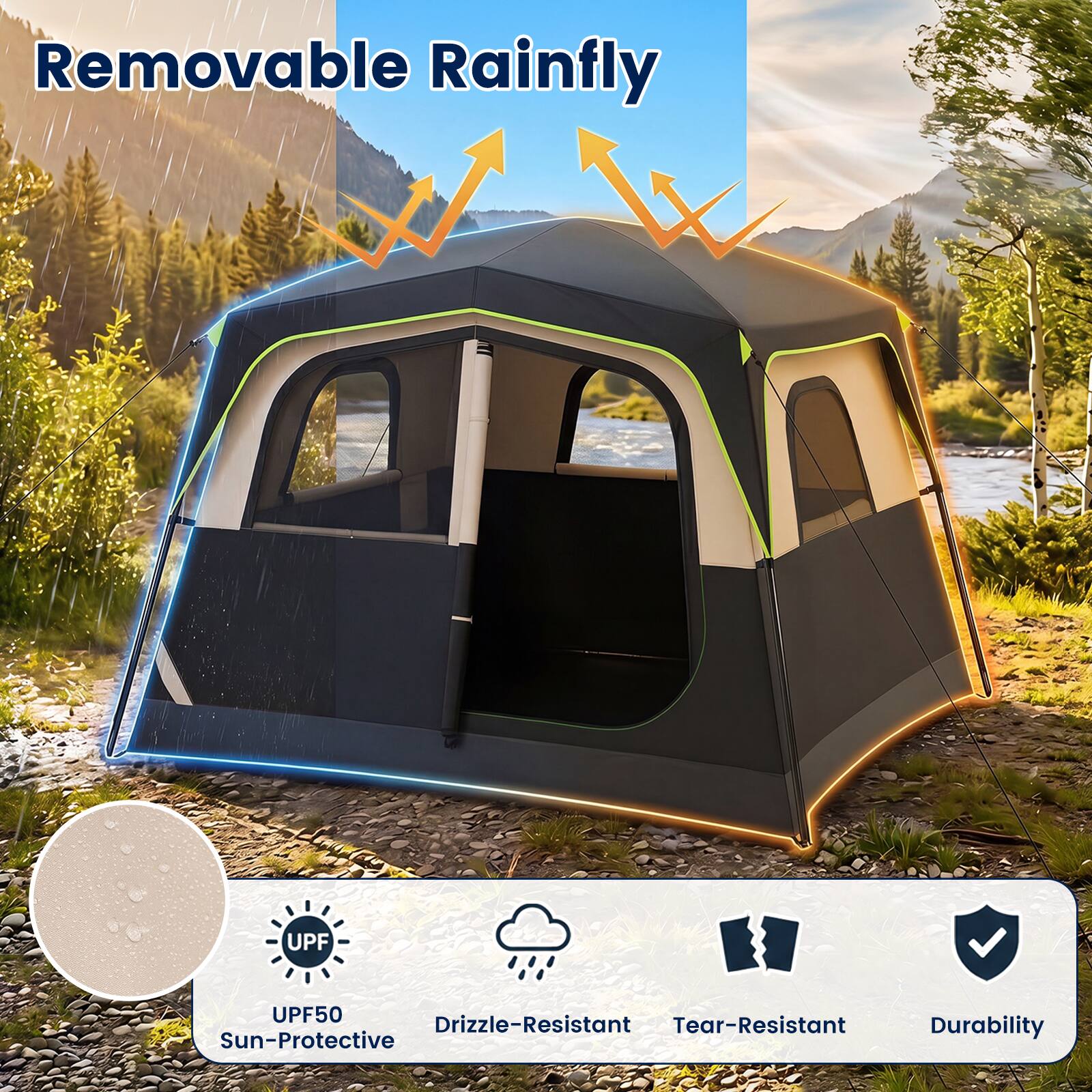 Removable Rainfly

UPF50 Sun-Protective

Drizzle-Resistant

Tear-Resistant

Durability
