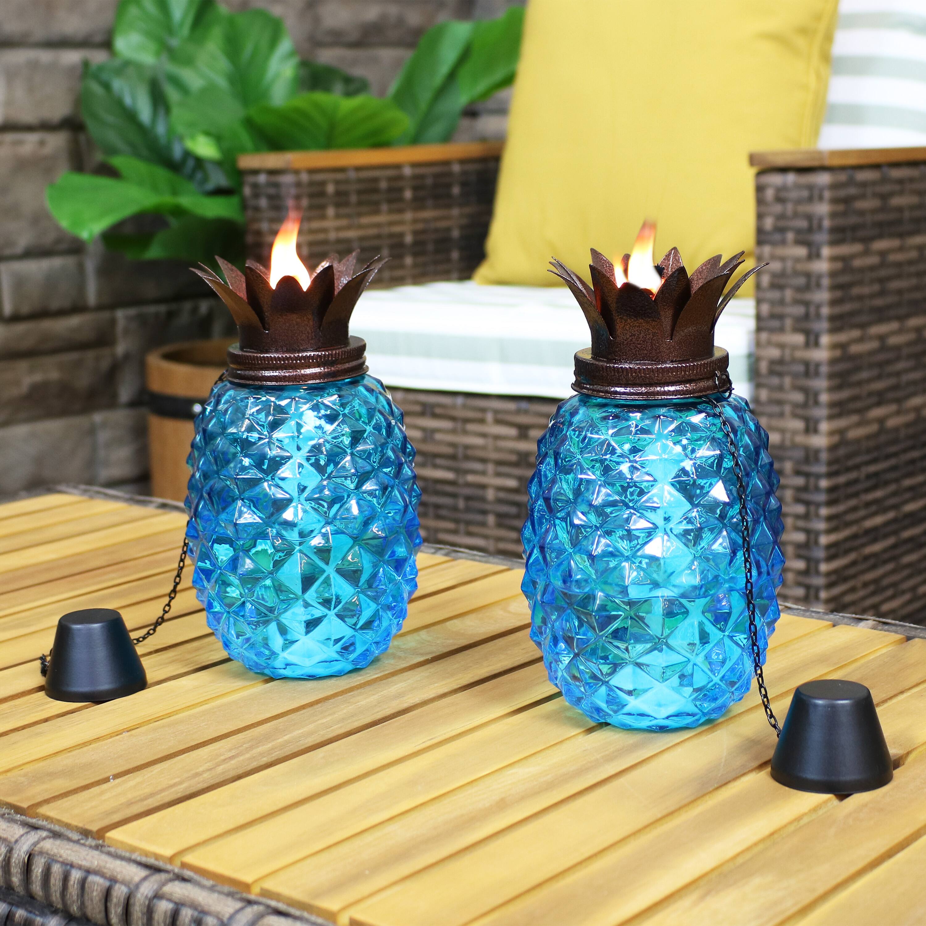 Alt View 5. Sunnydaze - Glass Tropical Pineapple 2-in-1 Outdoor Torch - Set of 2 - Blue.