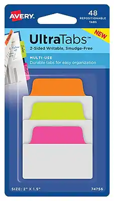 Avery UltraTabs™
48 Repositionable Tabs
NEW
2-Sided Writable, Smudge-Free
Multi-Use
Durable tabs for easy organization
Size: 2" x 1.5"
74756