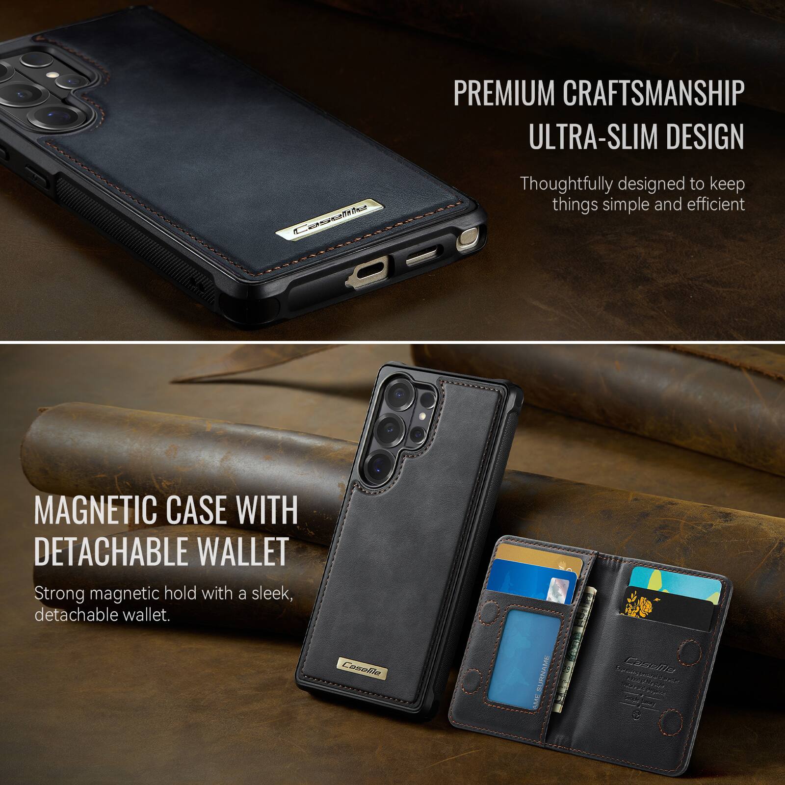 PREMIUM CRAFTSMANSHIP ULTRA-SLIM DESIGN  
Thoughtfully designed to keep things simple and efficient  

MAGNETIC CASE WITH DETACHABLE WALLET  
Strong magnetic hold with a sleek, detachable wallet.