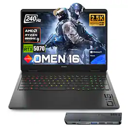 HP - Upgraded - Omen 16" WQXGA Gaming Laptop - AMD Ryzen 9 8940HX - RTX 5070 - 64GB RAM 4TB SSD - RGB KB - 7 in-1 USB-C Hub - Black
