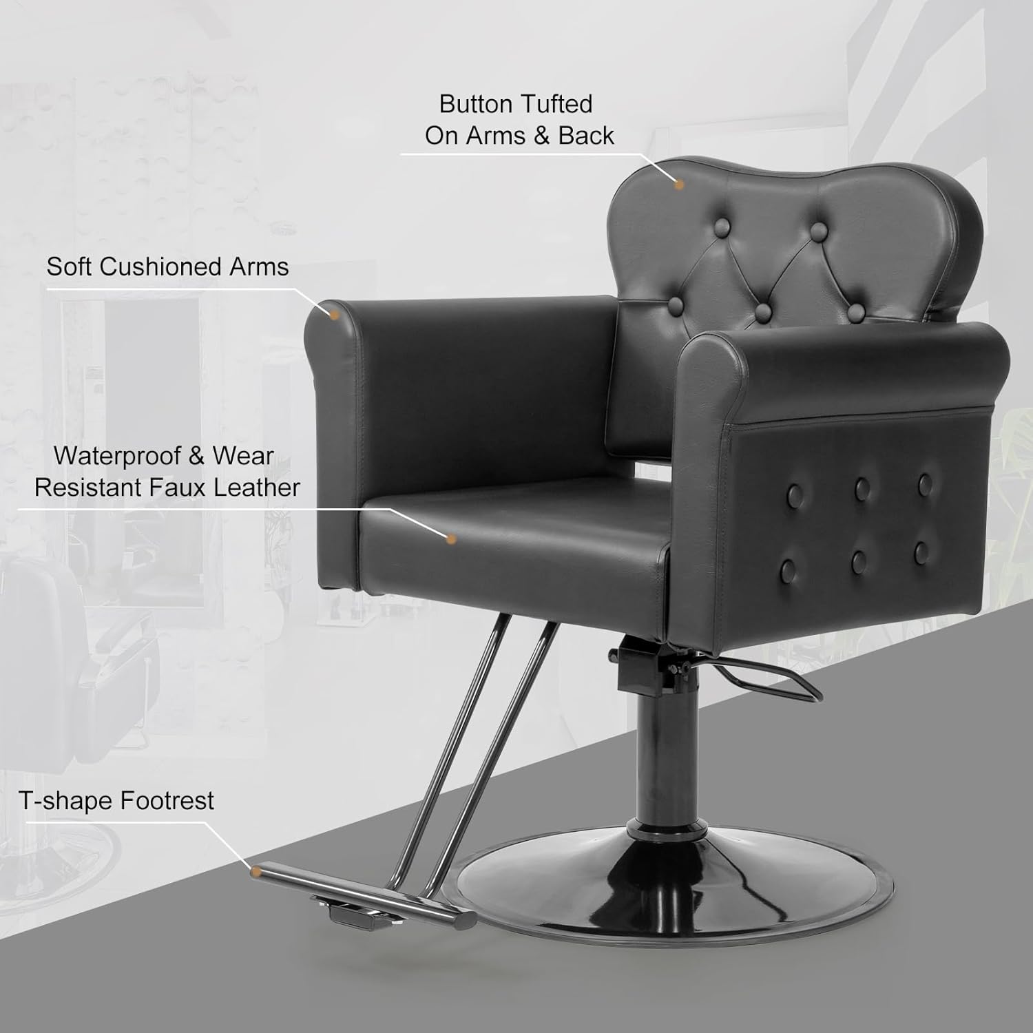 Button Tufted On Arms & Back  
Soft Cushioned Arms  
Waterproof & Wear Resistant Faux Leather  
T-shape Footrest