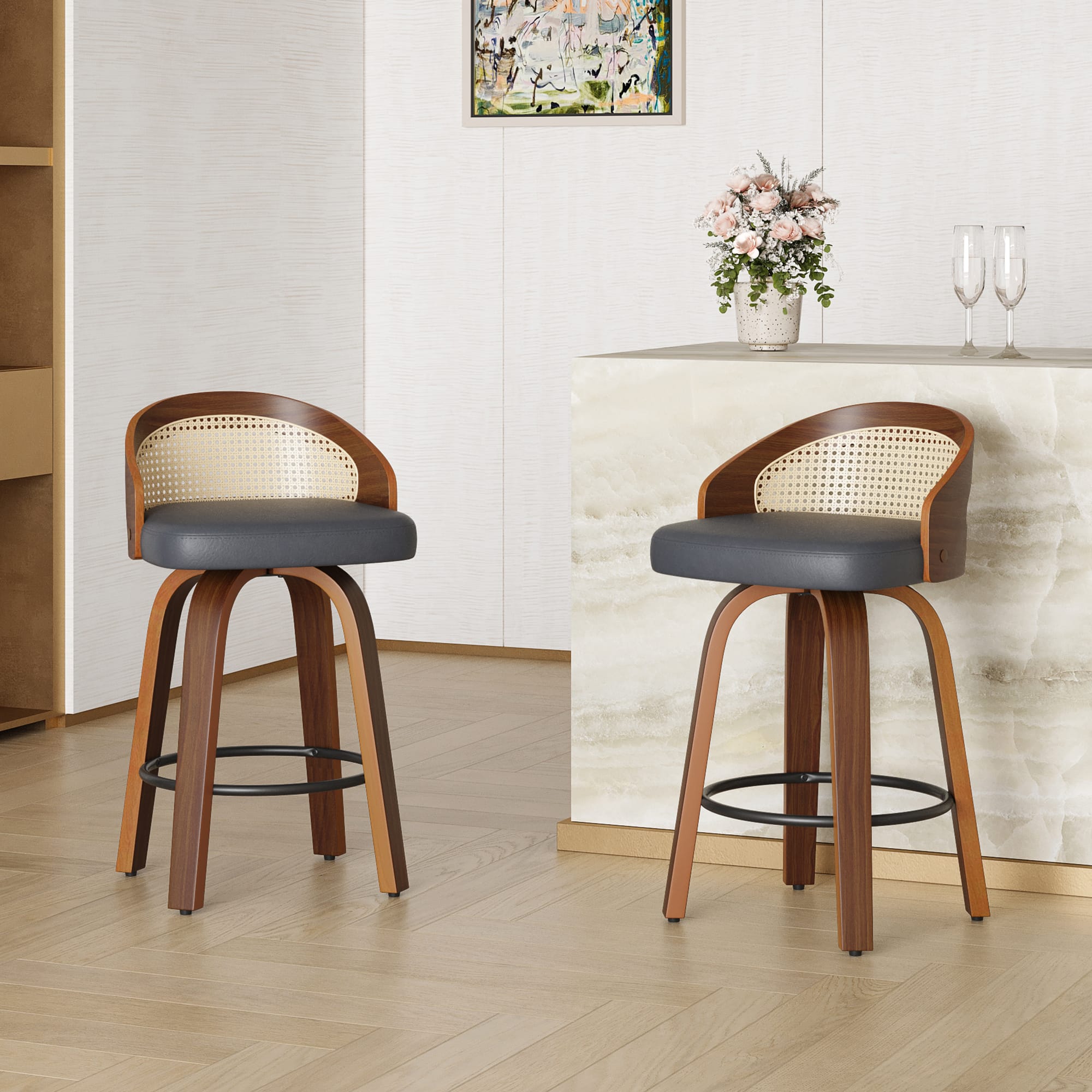 Boyel Living - Swivel Bar Stools Set of 2 Modern Wood Frame with Rattan Back PU Leather Stool for Kitchen Counter - Black price history on PriceWatchPro