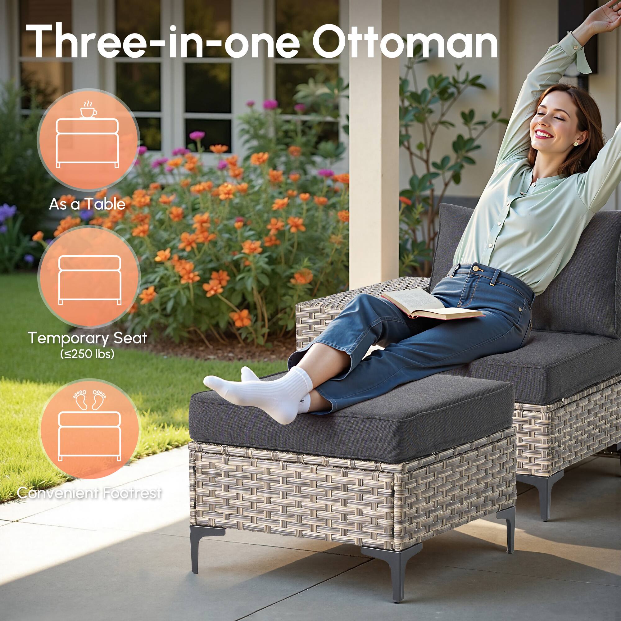 Three-in-one Ottoman

- As a Table
- Temporary Seat (≤250 lbs)
- Convenient Footrest